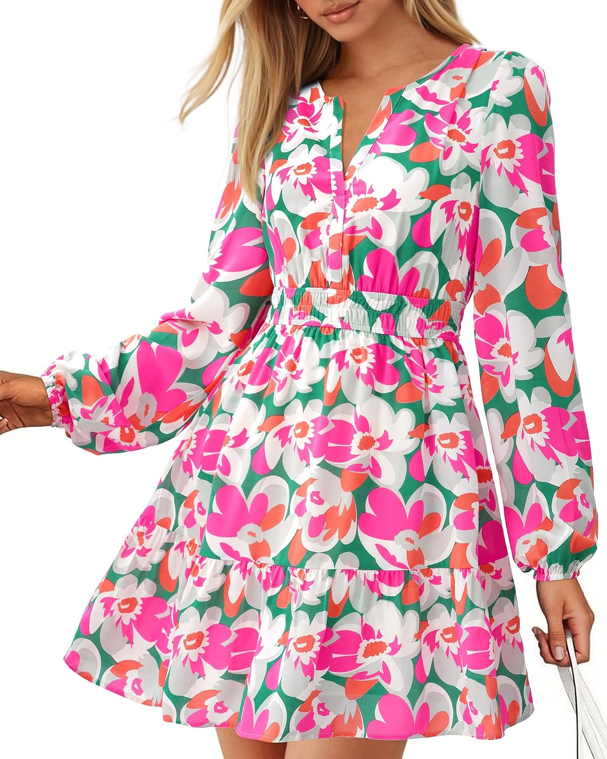 BTFBM Fall Dresses for Women 2026 Trendy Floral Long Sleeve Mini Dress | V Neck Elastic High Waist Knee Length A Line Flowy, Casual Dress Pockets, Holiday Party Vacation Cocktail Wedding Guest Dress