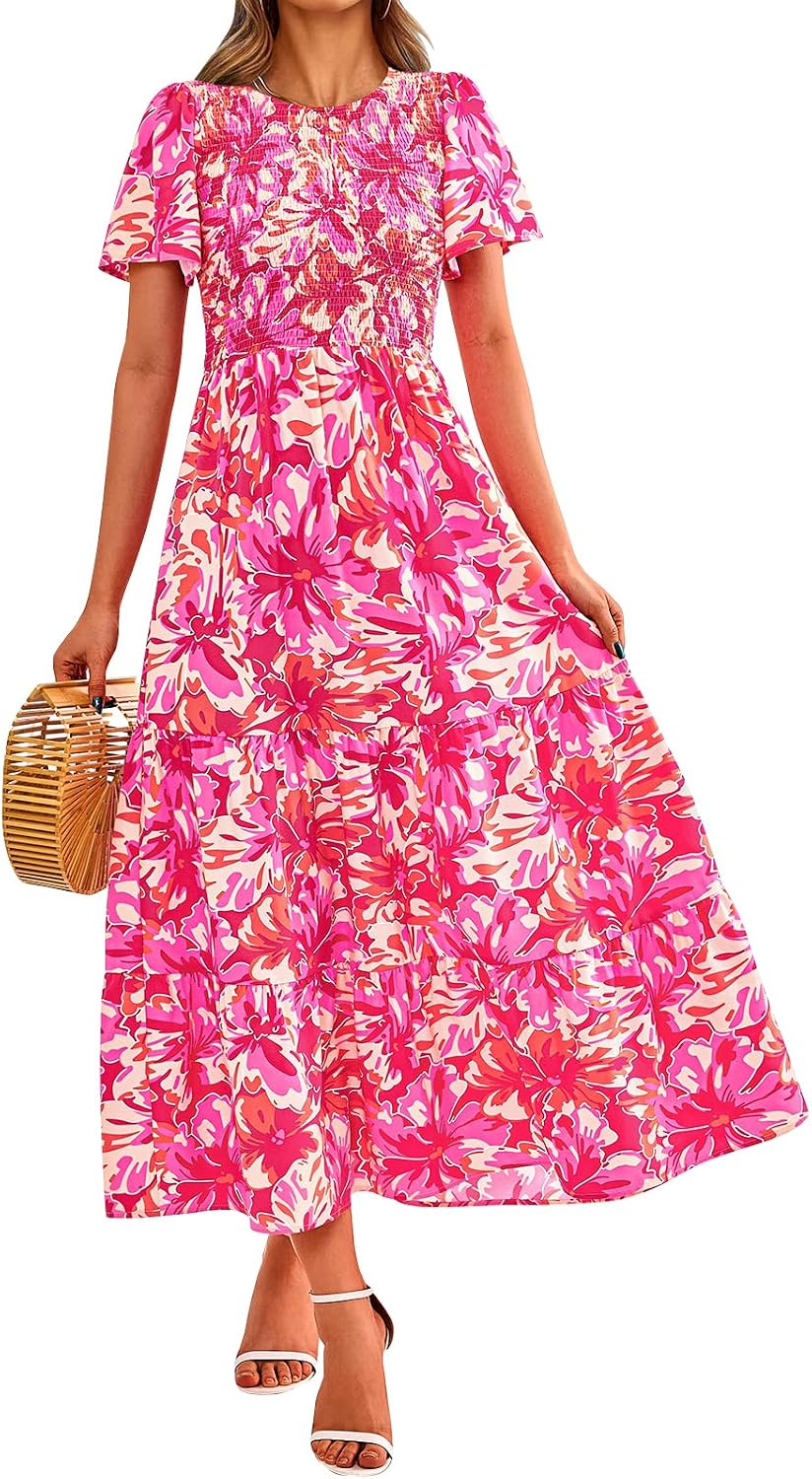 PRETTYGARDEN Women's 2026 Summer Casual Flutter Sleeve Floral Maxi Dress | Crew Neck Short Sleeve Dress, Smocked Top High Waisted Wedding Guest Dresses for Women, Tiered Hem Flowy Boho Long Dresses