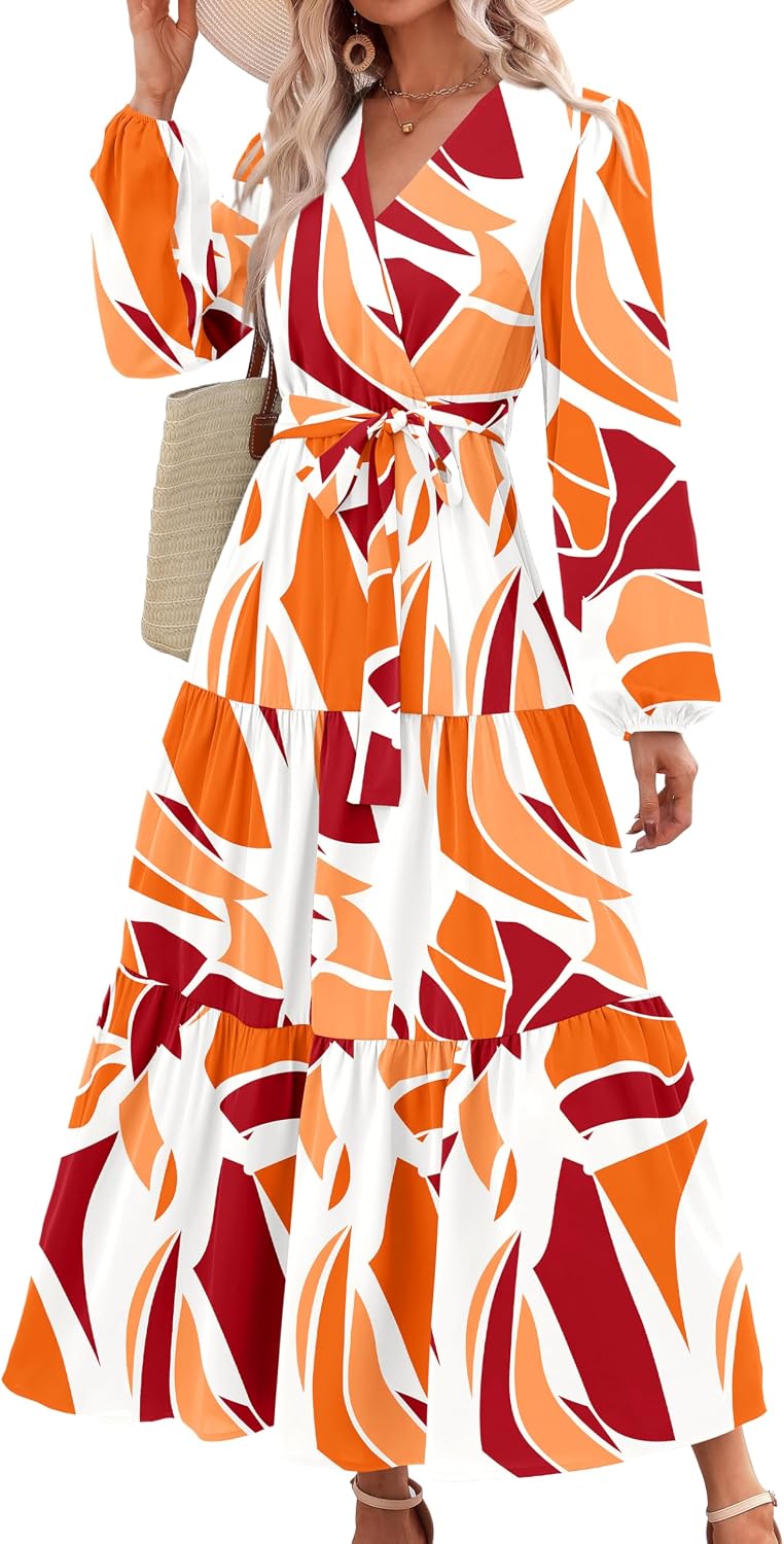 PRETTYGARDEN Womens Long Sleeve Boho Floral Wrap Maxi Dress | Fall Wedding Guest Dresses 2026, Chiffon Flowy Long Dresses, Casual Tie Waist V Neck Dress, Modest A Line Ruffle Tiered Dress