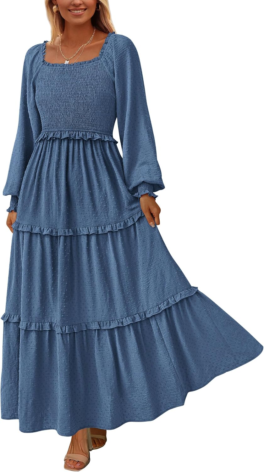 PRETTYGARDEN Women's Smocked Long Sleeve Maxi Dress Wedding Guest Dresses | Elegant Fall Vacation Outfits, Square Neck Swiss Dot, High Waist Tiered Ruffle, Pockets, Flowy Boho Spring Party Clothes