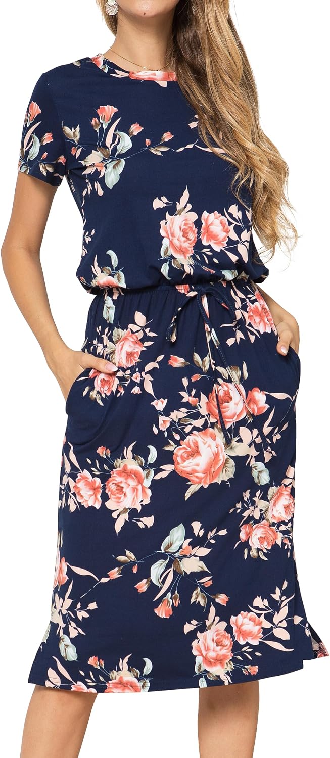 Simier Fariry Womens Summer Hide Belly Knee Length Travel Dress Pocket Short Sleeve Midi Work Casual Outfits