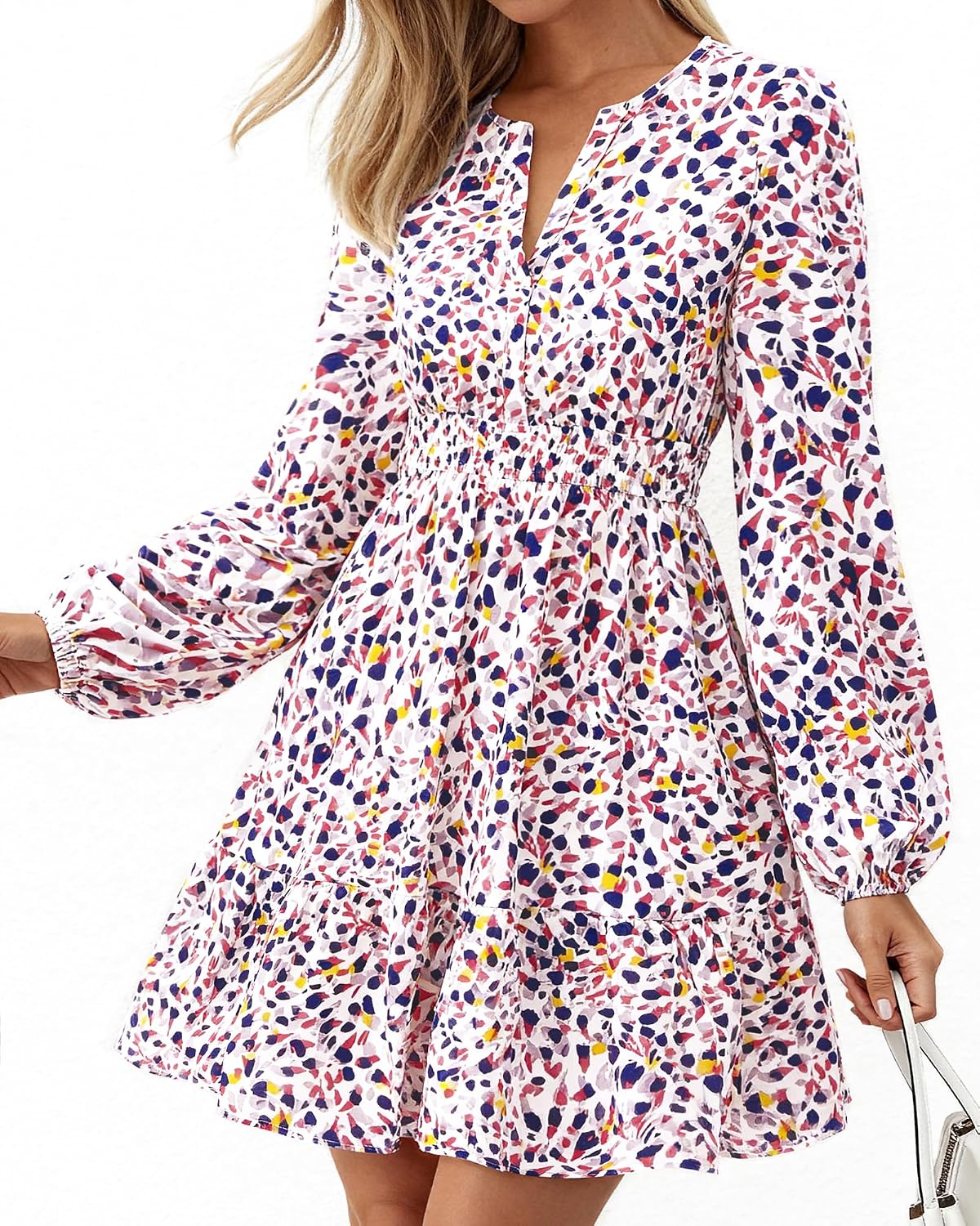 BTFBM Fall Dresses for Women 2026 Trendy Floral Long Sleeve Mini Dress | V Neck Elastic High Waist Knee Length A Line Flowy, Casual Dress Pockets, Holiday Party Vacation Cocktail Wedding Guest Dress