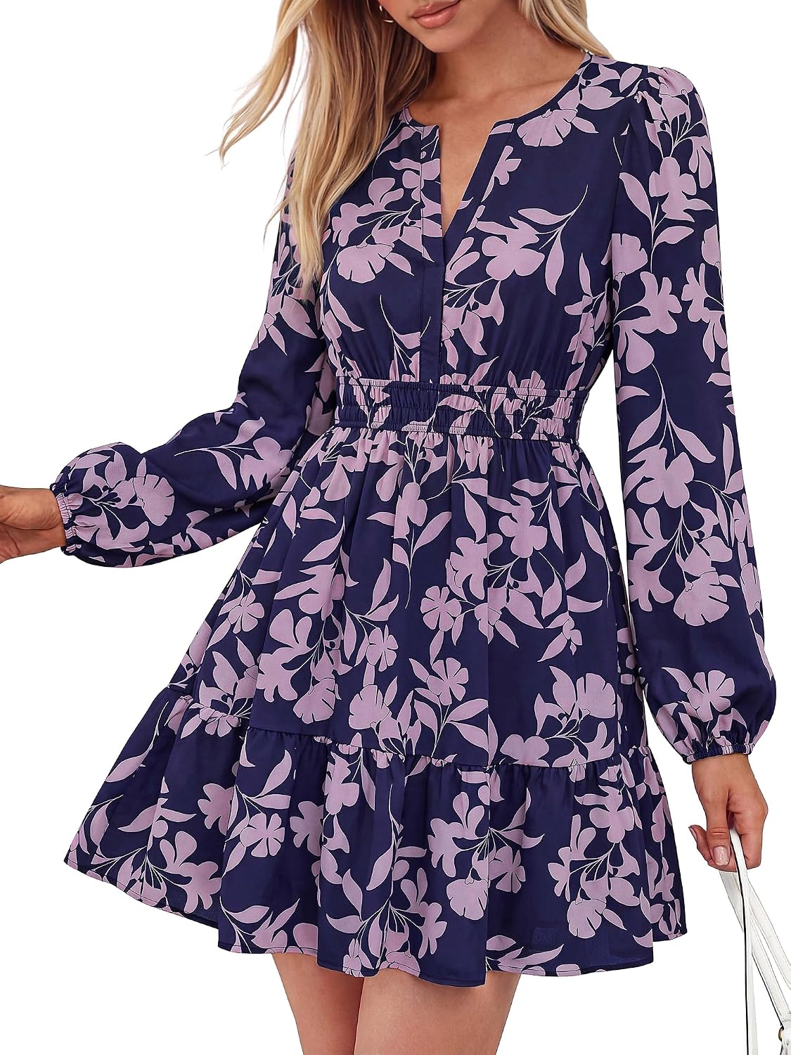 BTFBM Fall Dresses for Women 2026 Trendy Floral Long Sleeve Mini Dress | V Neck Elastic High Waist Knee Length A Line Flowy, Casual Dress Pockets, Holiday Party Vacation Cocktail Wedding Guest Dress