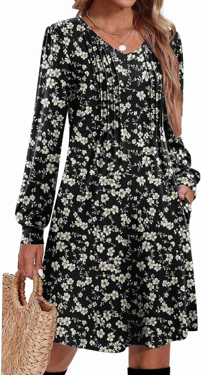 Zeagoo Fall Dresses for Women Long Sleeve Casual Pleated V Neck Dress 2026 A Line Tunic Dress