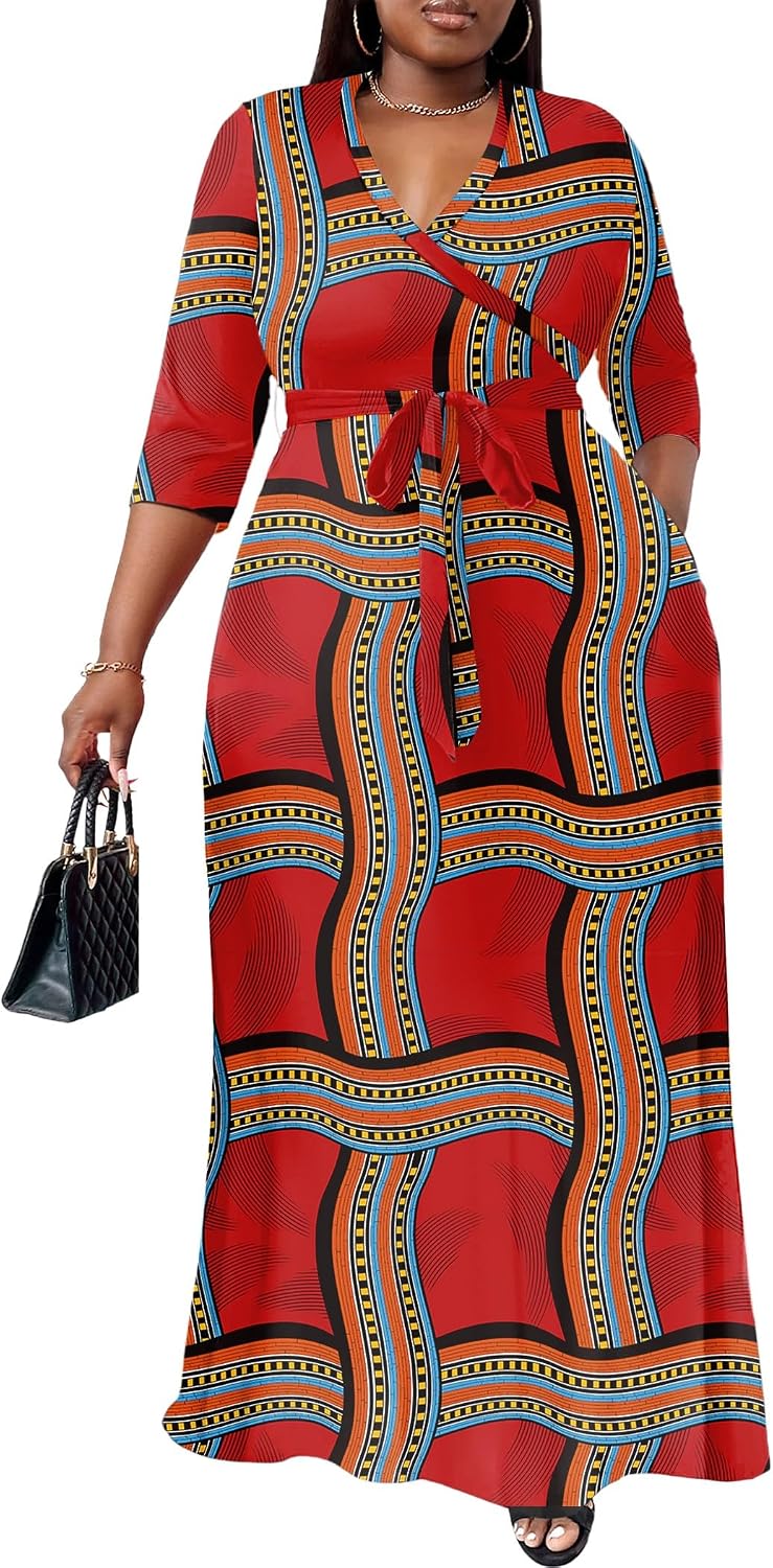 Nmoder Plus Size Maxi Dresses for Curvy Women -Summer Casual Long Fit Dress | Semi Formal, 3\/4 Sleeve V-Neck Flowy Dress, With Pockets And Belt, XL- 6XL