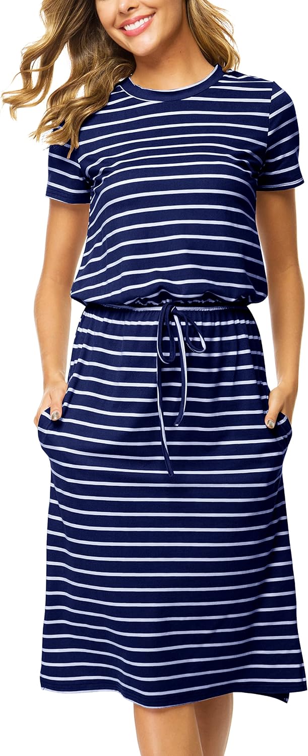 Simier Fariry Womens Summer Hide Belly Knee Length Travel Dress Pocket Short Sleeve Midi Work Casual Outfits