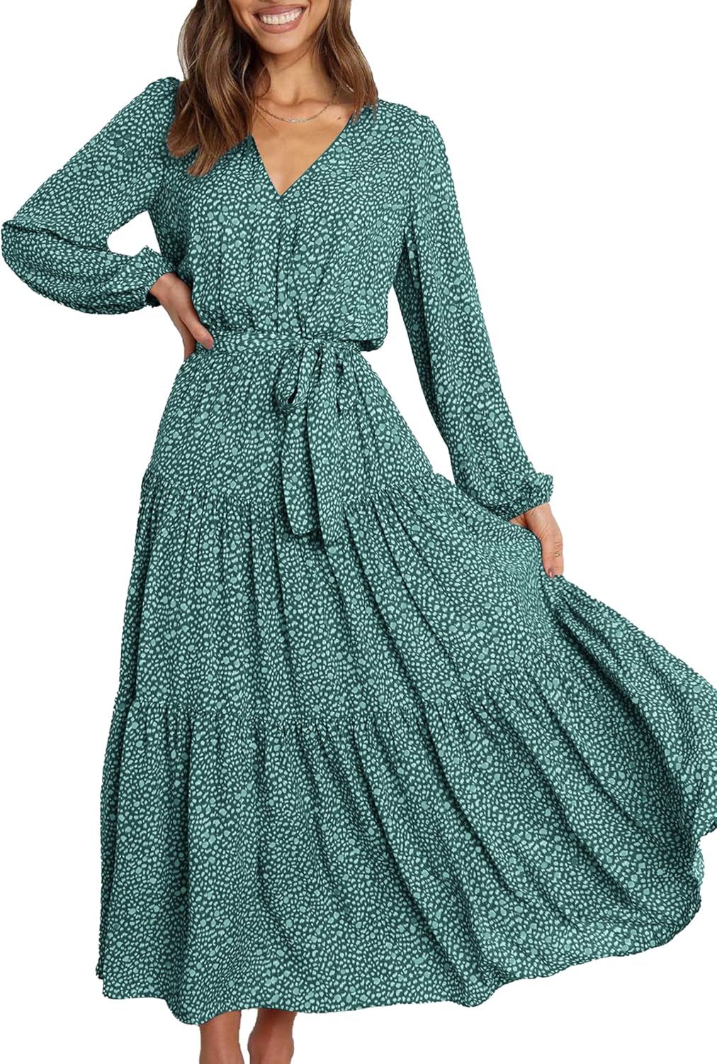 PRETTYGARDEN Womens Long Sleeve Boho Floral Wrap Maxi Dress | Fall Wedding Guest Dresses 2026, Chiffon Flowy Long Dresses, Casual Tie Waist V Neck Dress, Modest A Line Ruffle Tiered Dress