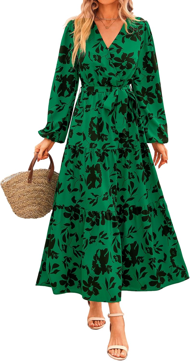 PRETTYGARDEN Womens Long Sleeve Boho Floral Wrap Maxi Dress | Fall Wedding Guest Dresses 2026, Chiffon Flowy Long Dresses, Casual Tie Waist V Neck Dress, Modest A Line Ruffle Tiered Dress