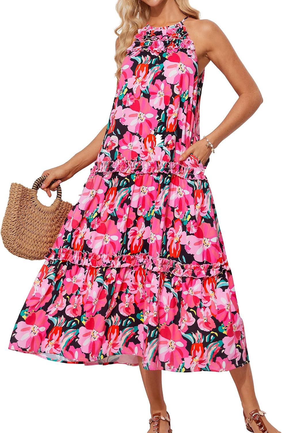 GRACE KARIN 2026 Women's Floral Halter Maxi Dress Boho Summer Beach Sundress with Tiered Ruffle Skirt