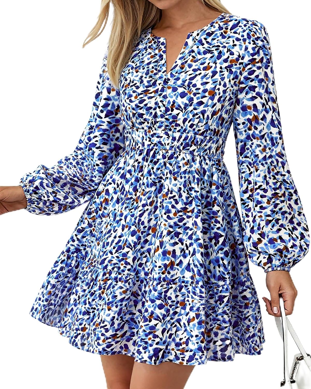 BTFBM Fall Dresses for Women 2026 Trendy Floral Long Sleeve Mini Dress | V Neck Elastic High Waist Knee Length A Line Flowy, Casual Dress Pockets, Holiday Party Vacation Cocktail Wedding Guest Dress