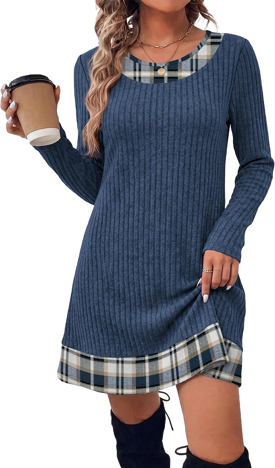 OFEEFAN Fall Dresses for Women 2026 Long Sleeve Sweater Dress Color Block | Side Pockets, Ribbed, Lightweight, Winter Clothing, Loose Fit