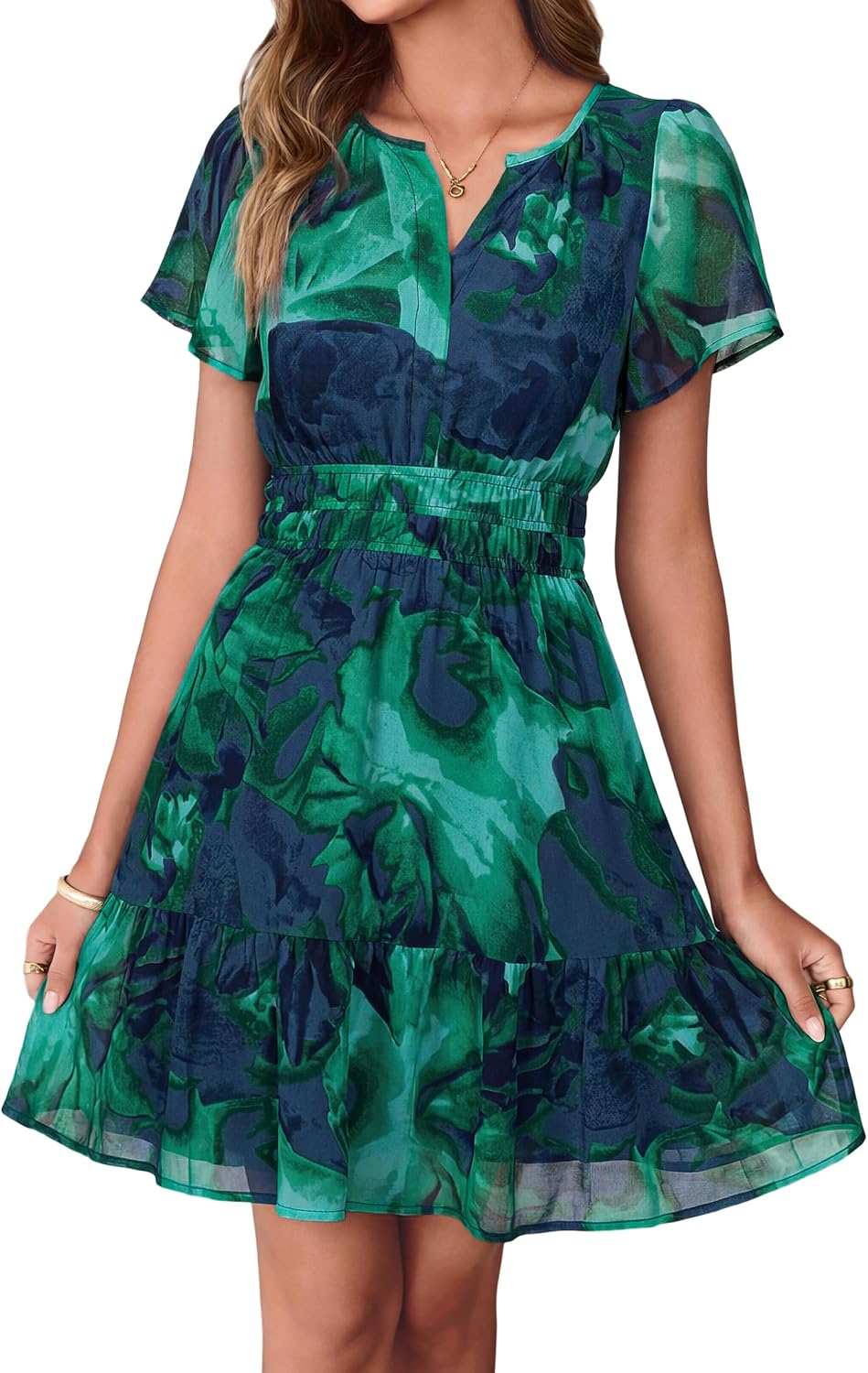 Simplee Women 2026 Floral Summer Short Dress Short Sleeves V Neck Chiffon A-Line Casual Flowy Boho Mini Dresses