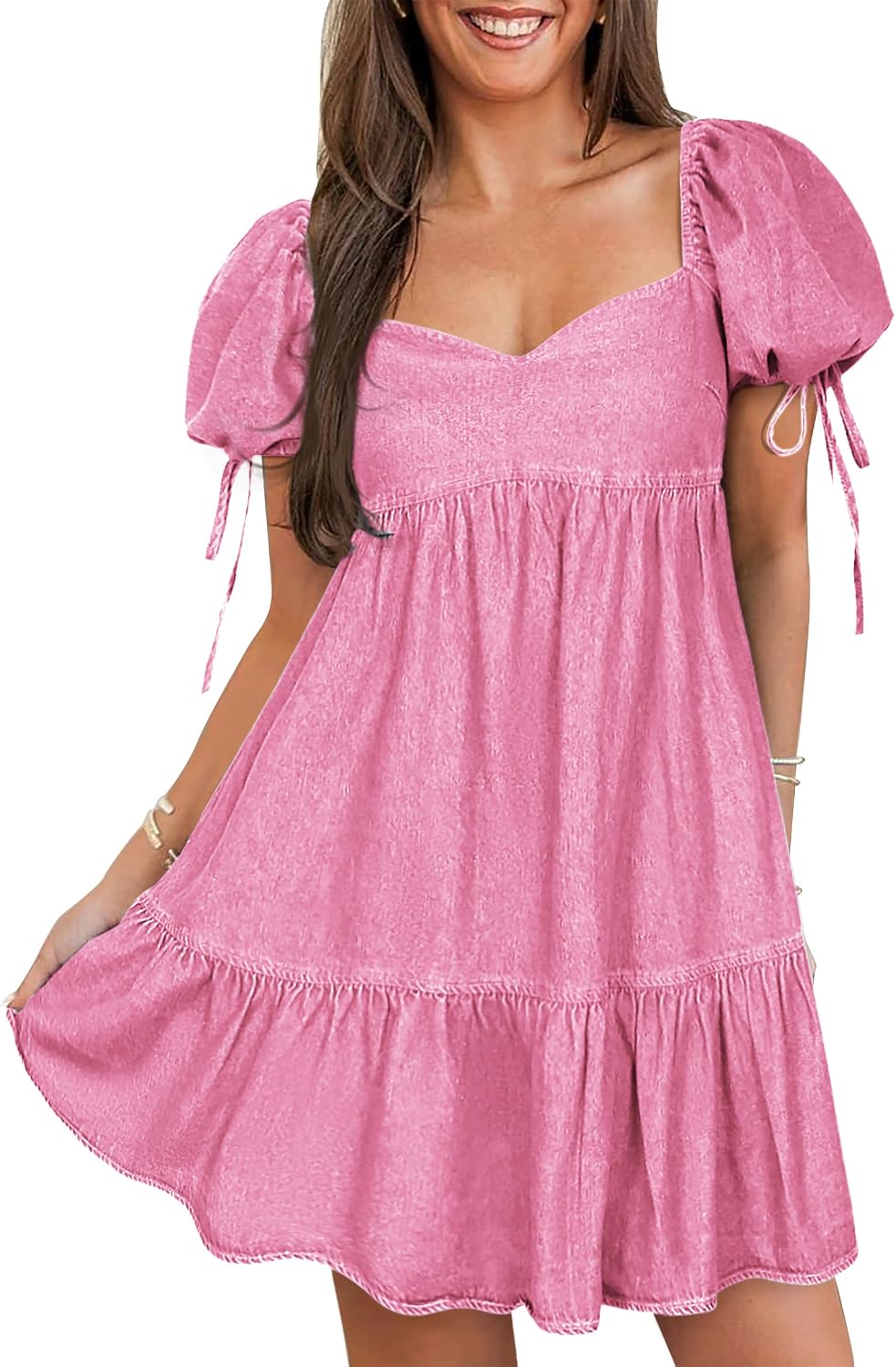 POTILI Denim Dress for Women Puff Short Sleeve Jean Denim Mini Dresses | Sweetheart Neck, Babydoll, A Line, Comfort, Cute, Casual, Western, Country Concert, Summer, Spring