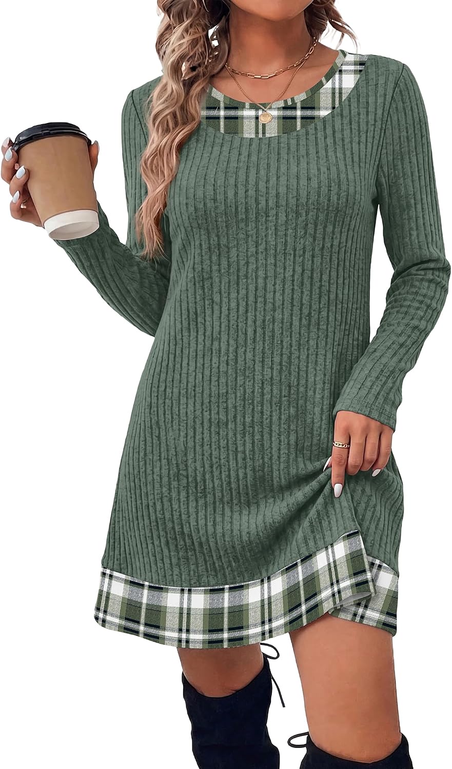 OFEEFAN Fall Dresses for Women 2026 Long Sleeve Sweater Dress Color Block | Side Pockets, Ribbed, Lightweight, Winter Clothing, Loose Fit
