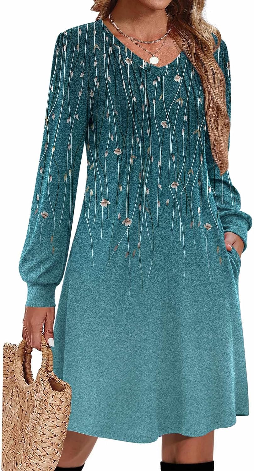 Zeagoo Fall Dresses for Women Long Sleeve Casual Pleated V Neck Dress 2026 A Line Tunic Dress