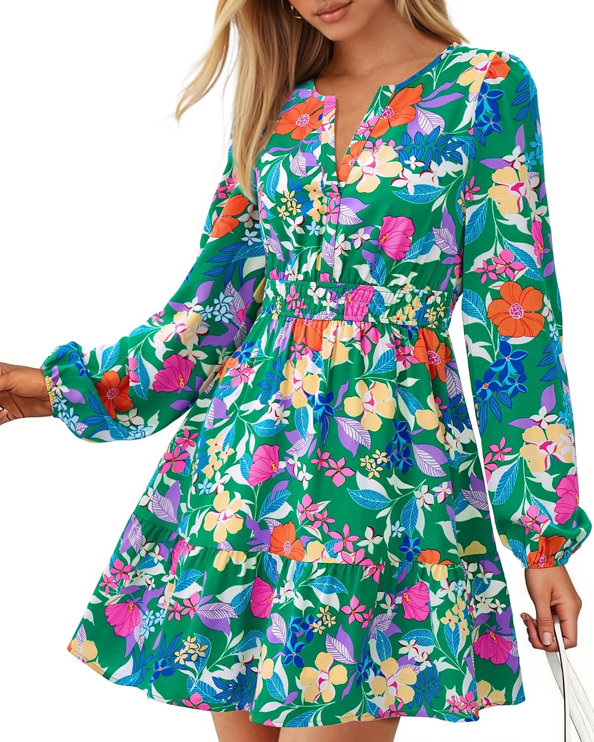 BTFBM Fall Dresses for Women 2026 Trendy Floral Long Sleeve Mini Dress | V Neck Elastic High Waist Knee Length A Line Flowy, Casual Dress Pockets, Holiday Party Vacation Cocktail Wedding Guest Dress