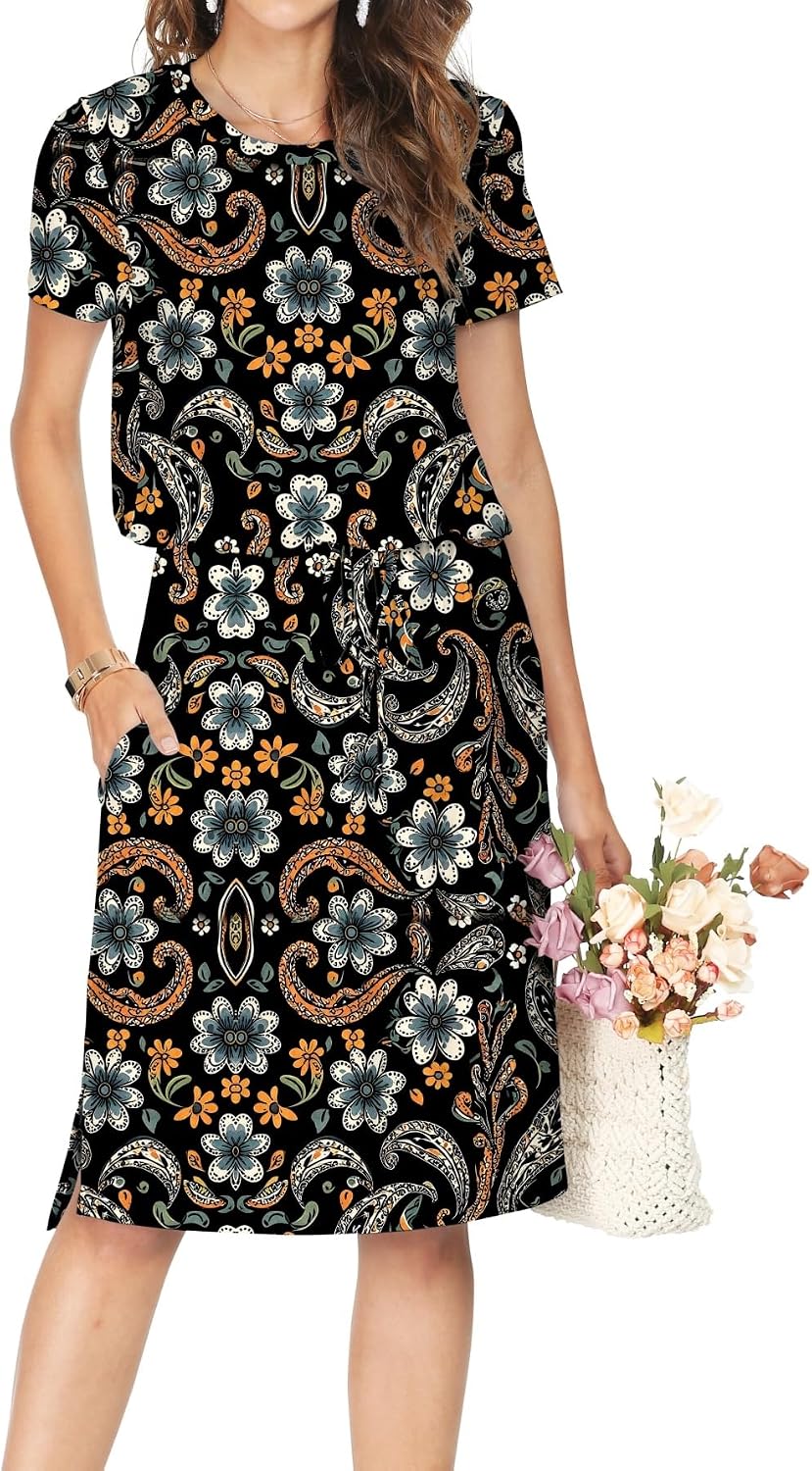 Simier Fariry Womens Summer Hide Belly Knee Length Travel Dress Pocket Short Sleeve Midi Work Casual Outfits