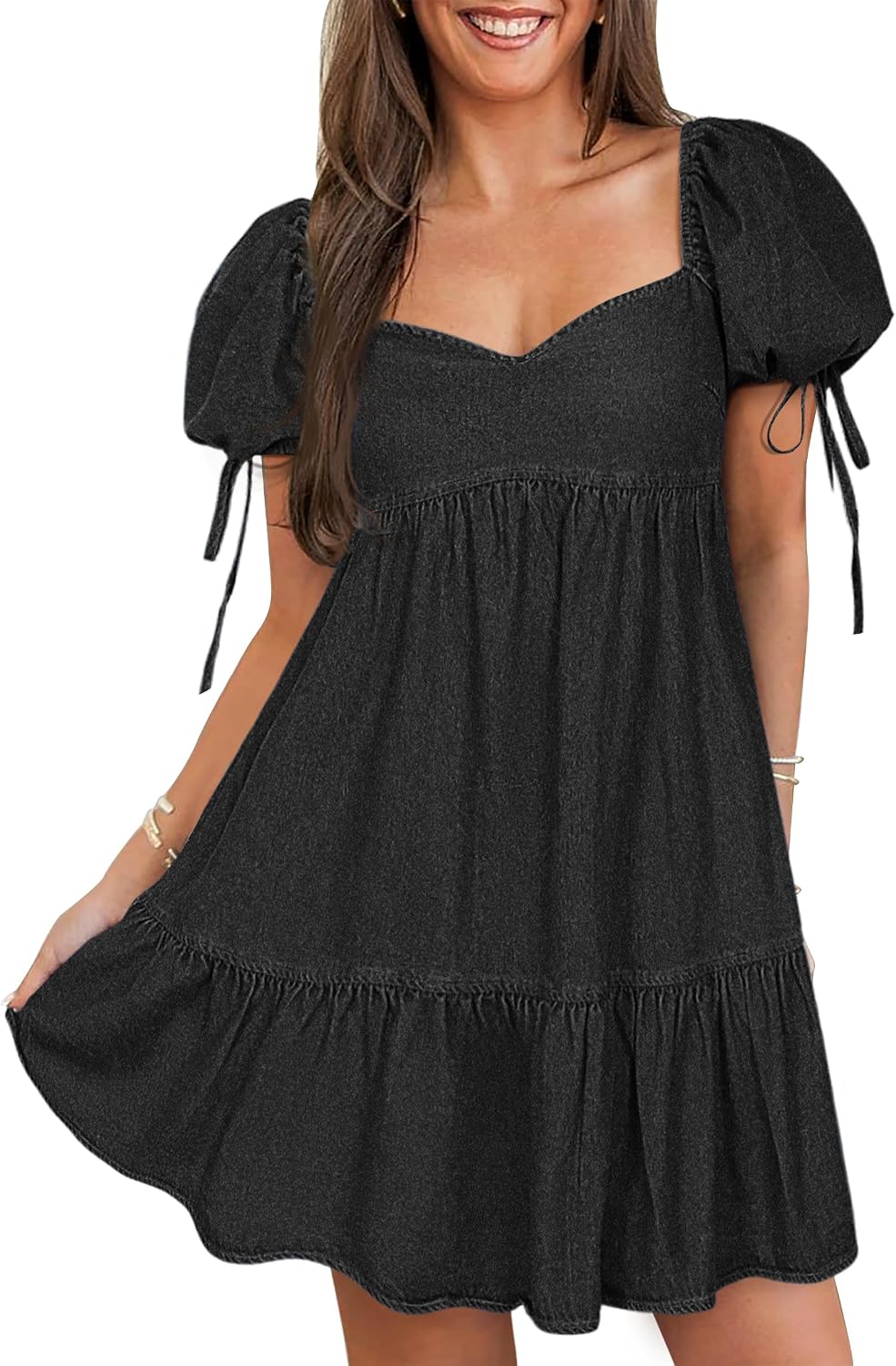 POTILI Denim Dress for Women Puff Short Sleeve Jean Denim Mini Dresses | Sweetheart Neck, Babydoll, A Line, Comfort, Cute, Casual, Western, Country Concert, Summer, Spring