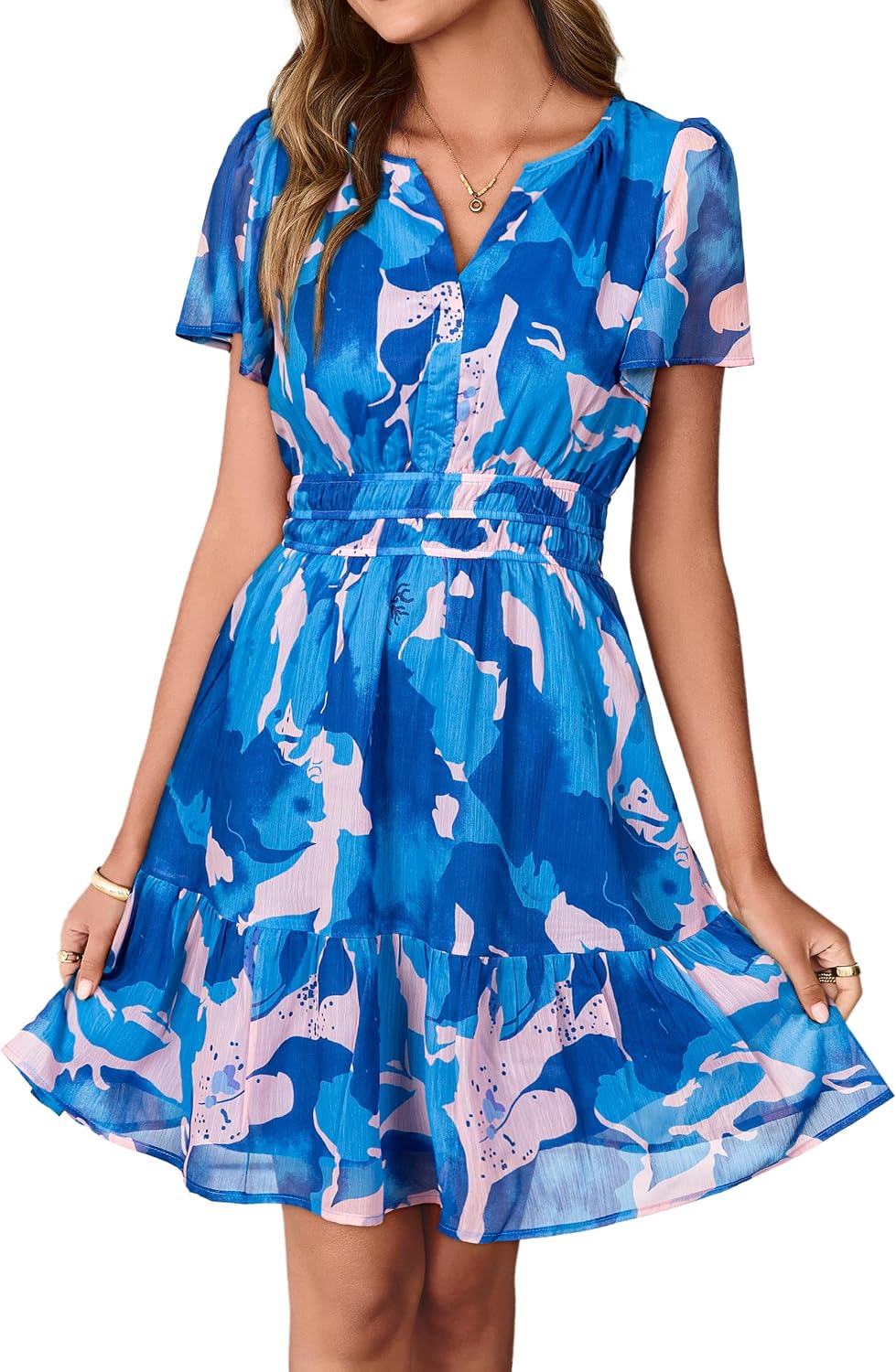 Simplee Women 2026 Floral Summer Short Dress Short Sleeves V Neck Chiffon A-Line Casual Flowy Boho Mini Dresses