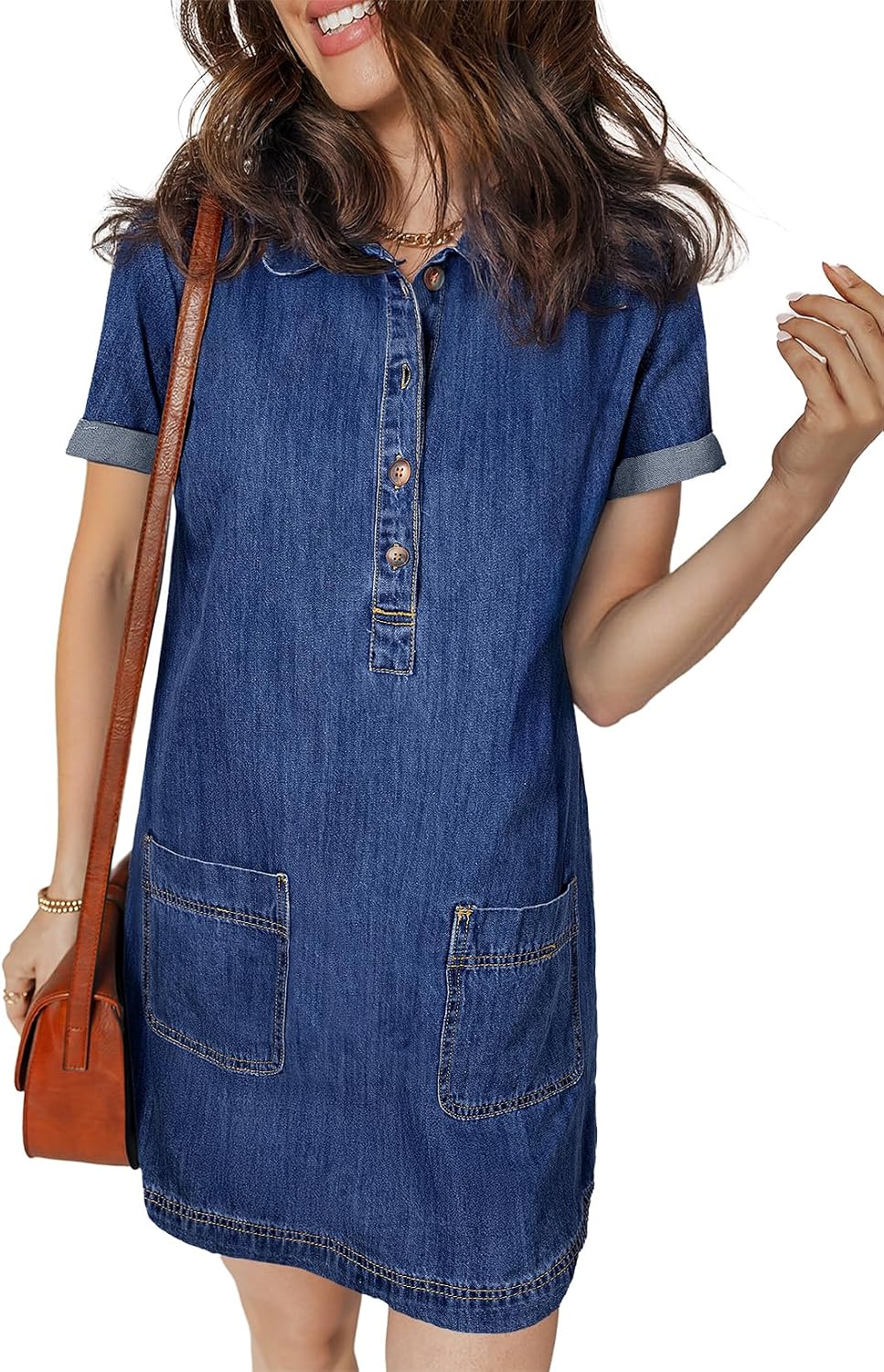 Sidefeel Womens Denim Dress Casual A Line Trendy Mini Jean Dress | Lapel Collar, Partial Button Placket, Short Cuffed Sleeves, Patch Pockets, Above Knee, Trendy Lightweight Summer Shirt Dress