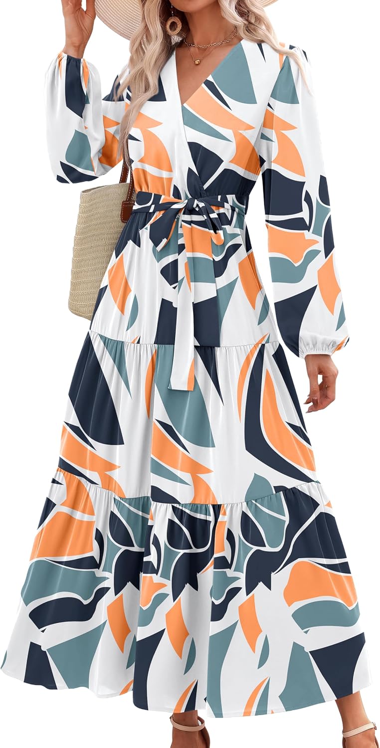 PRETTYGARDEN Womens Long Sleeve Boho Floral Wrap Maxi Dress | Fall Wedding Guest Dresses 2026, Chiffon Flowy Long Dresses, Casual Tie Waist V Neck Dress, Modest A Line Ruffle Tiered Dress