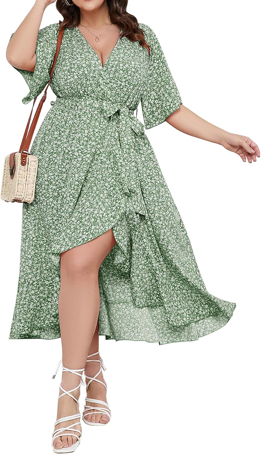 SCOMCHIC Women Plus Size Wedding Guest Maxi Dress | Short Sleeve, Wrap V Neck, High Low, Split, Ruffle Long Dress