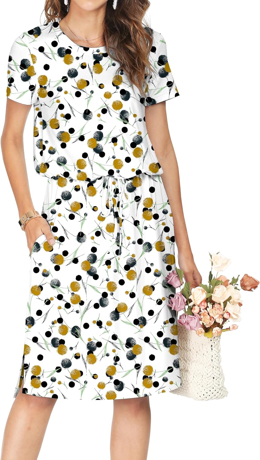Simier Fariry Womens Summer Hide Belly Knee Length Travel Dress Pocket Short Sleeve Midi Work Casual Outfits