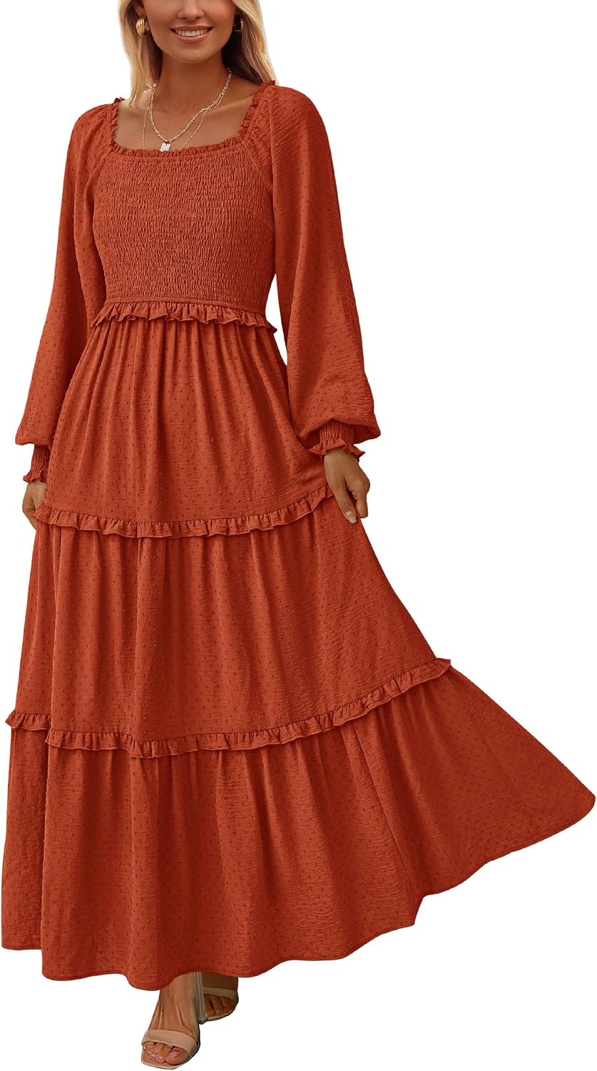 PRETTYGARDEN Women's Smocked Long Sleeve Maxi Dress Wedding Guest Dresses | Elegant Fall Vacation Outfits, Square Neck Swiss Dot, High Waist Tiered Ruffle, Pockets, Flowy Boho Spring Party Clothes