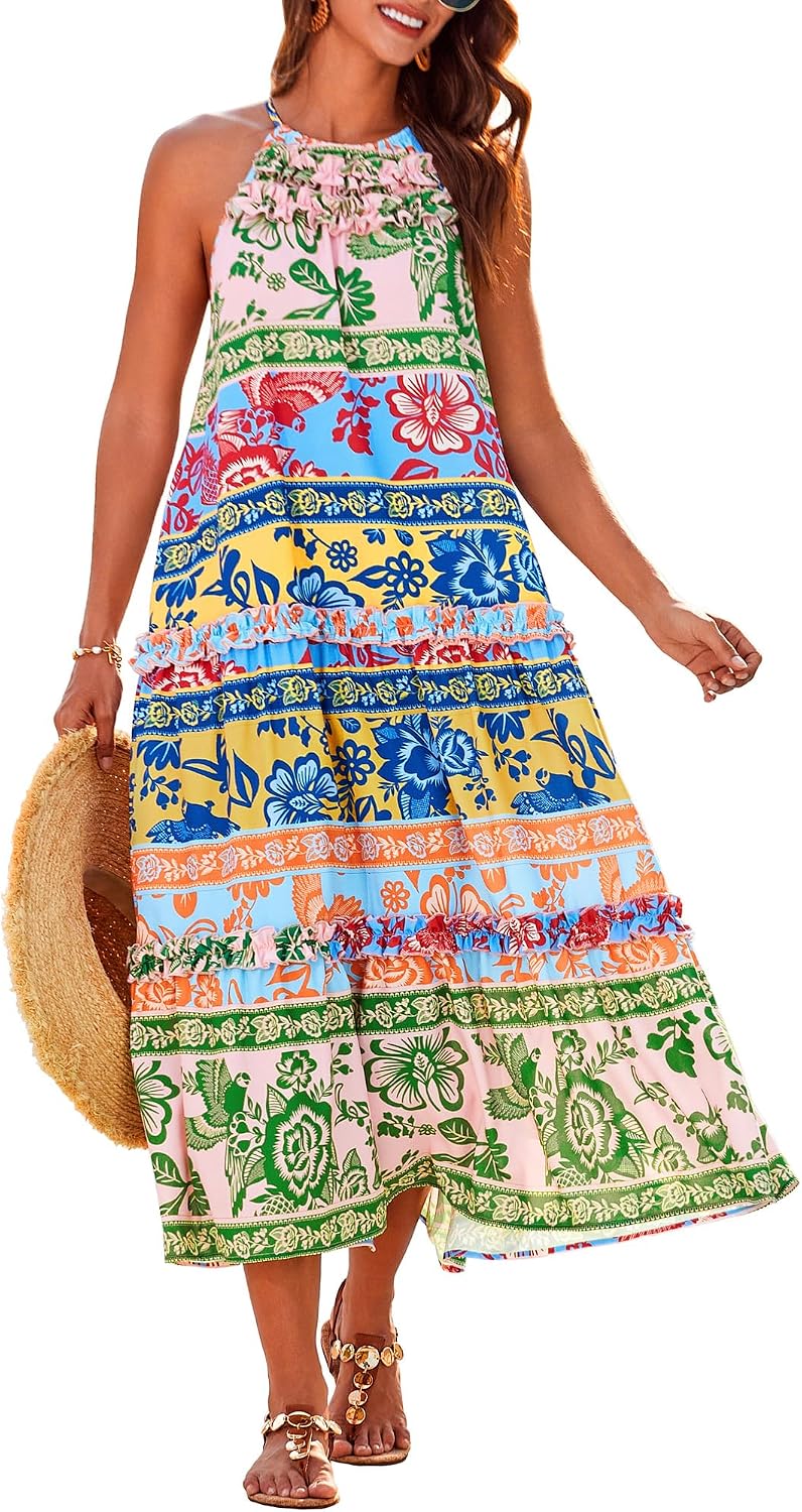 GRACE KARIN 2026 Women's Floral Halter Maxi Dress Boho Summer Beach Sundress with Tiered Ruffle Skirt