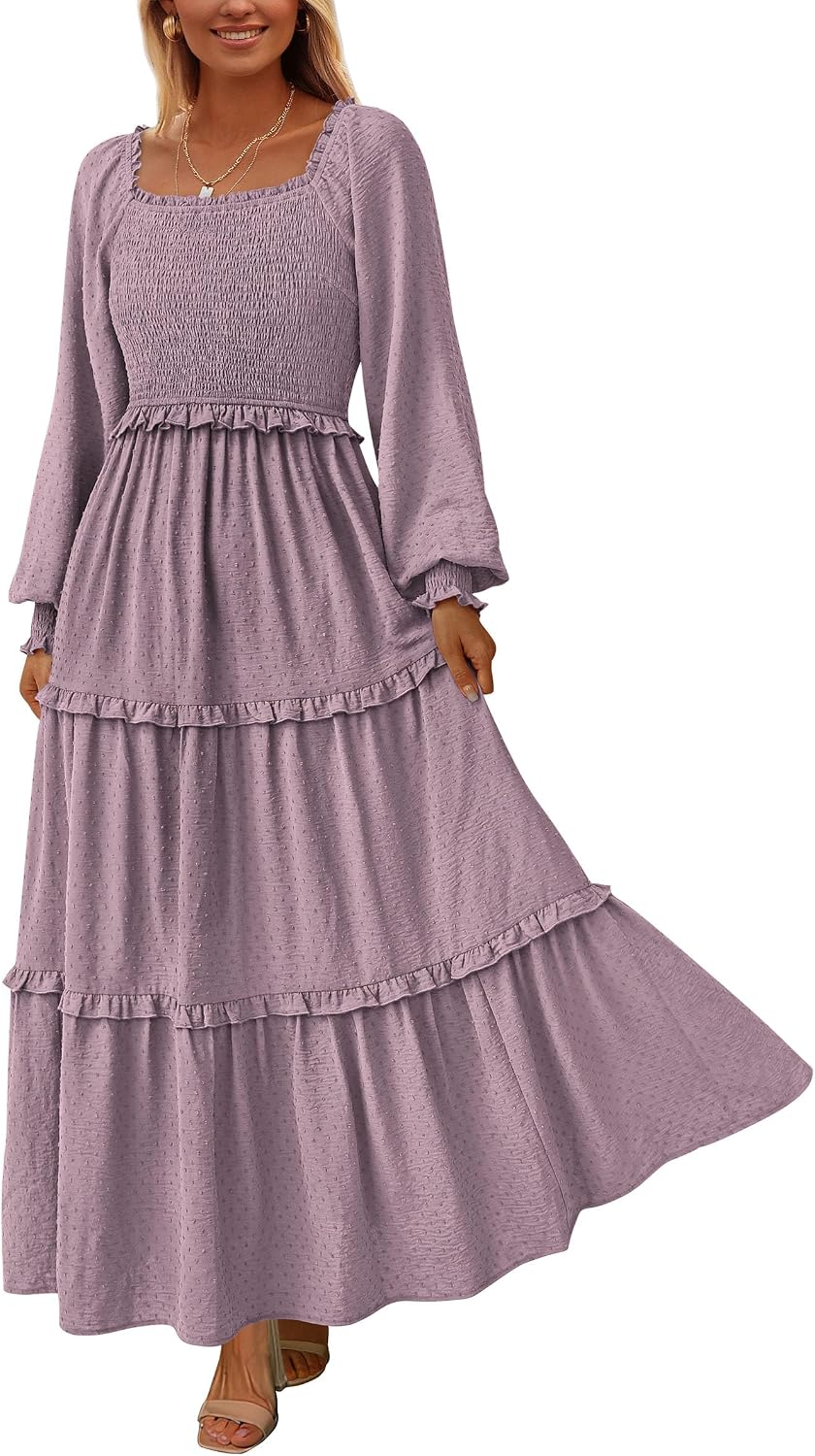 PRETTYGARDEN Women's Smocked Long Sleeve Maxi Dress Wedding Guest Dresses | Elegant Fall Vacation Outfits, Square Neck Swiss Dot, High Waist Tiered Ruffle, Pockets, Flowy Boho Spring Party Clothes