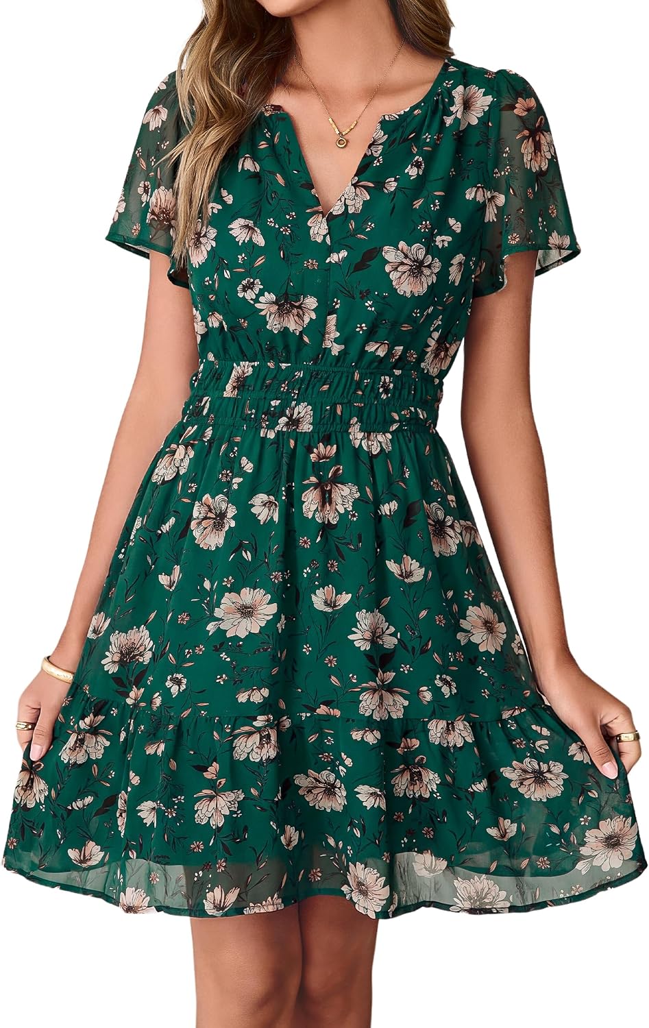 Simplee Women 2026 Floral Summer Short Dress Short Sleeves V Neck Chiffon A-Line Casual Flowy Boho Mini Dresses