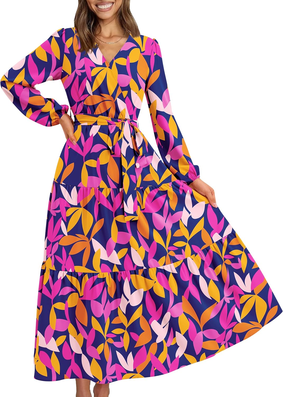 PRETTYGARDEN Womens Long Sleeve Boho Floral Wrap Maxi Dress | Fall Wedding Guest Dresses 2026, Chiffon Flowy Long Dresses, Casual Tie Waist V Neck Dress, Modest A Line Ruffle Tiered Dress