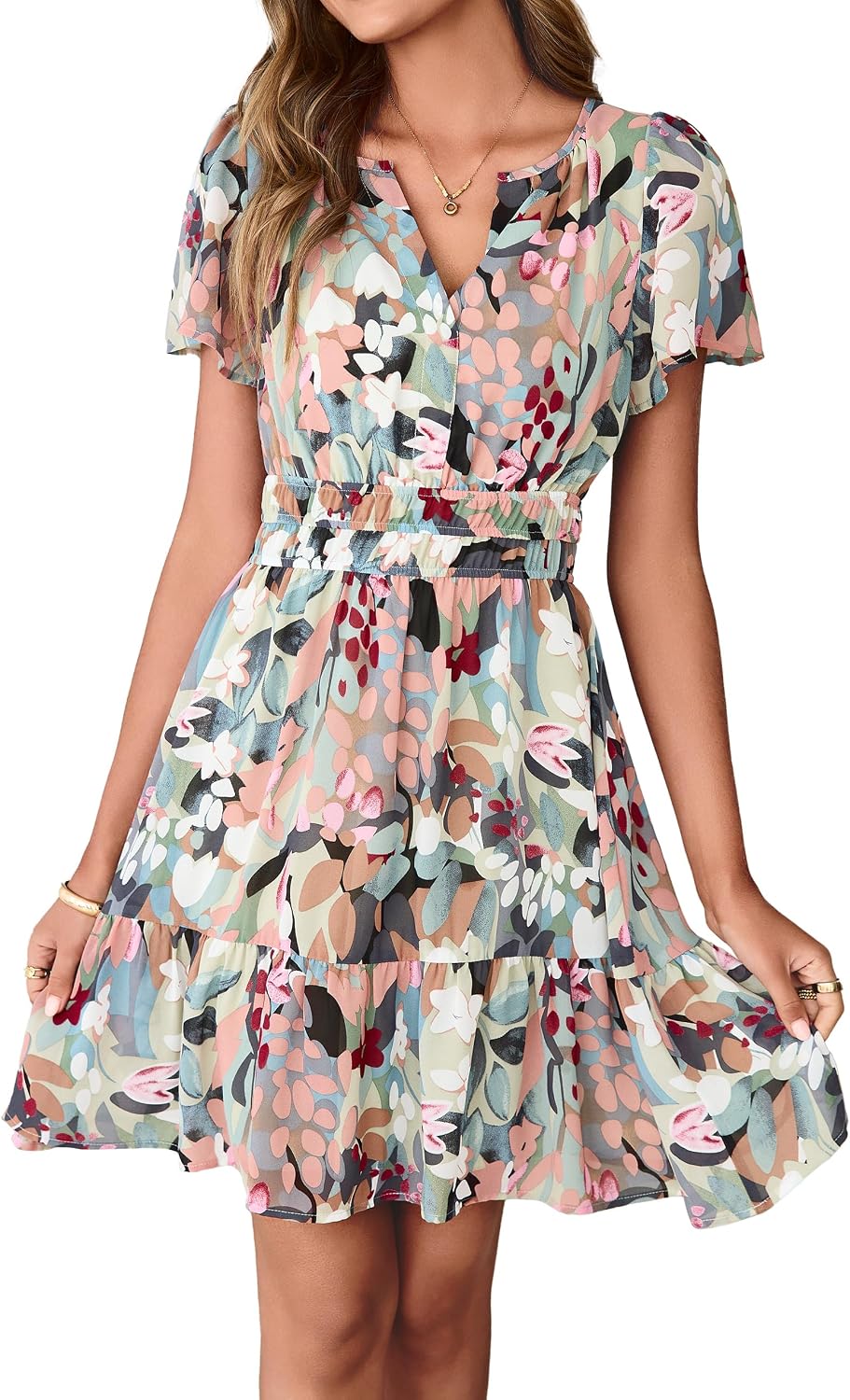 Simplee Women 2026 Floral Summer Short Dress Short Sleeves V Neck Chiffon A-Line Casual Flowy Boho Mini Dresses