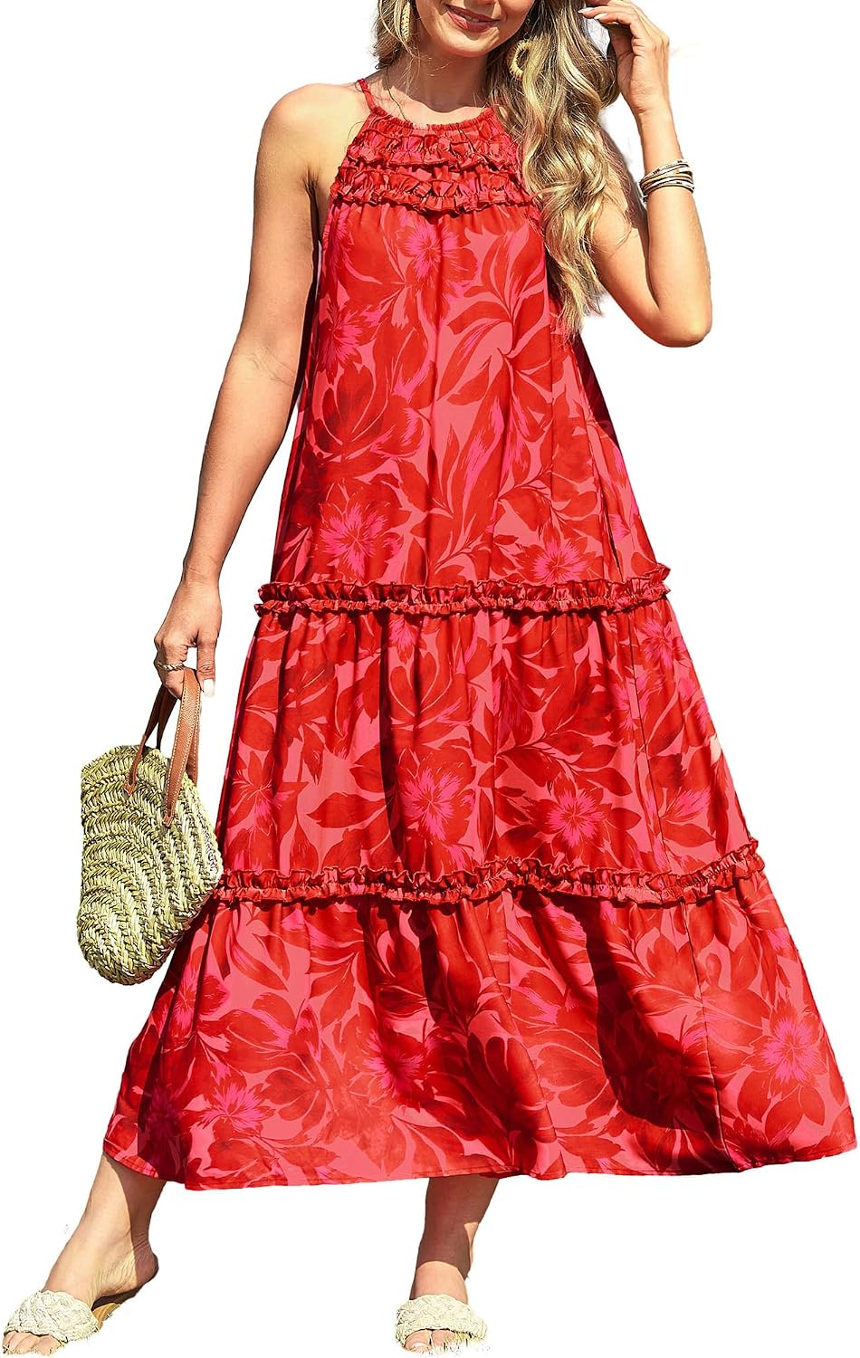 GRACE KARIN 2026 Women's Floral Halter Maxi Dress Boho Summer Beach Sundress with Tiered Ruffle Skirt