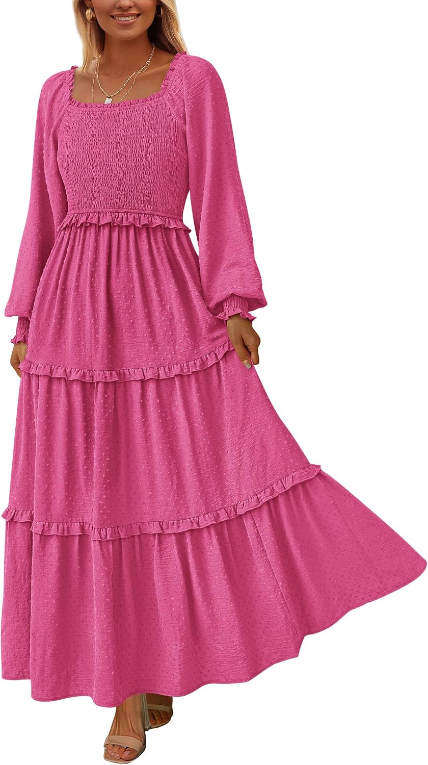PRETTYGARDEN Women's Smocked Long Sleeve Maxi Dress Wedding Guest Dresses | Elegant Fall Vacation Outfits, Square Neck Swiss Dot, High Waist Tiered Ruffle, Pockets, Flowy Boho Spring Party Clothes