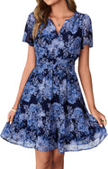Simplee Women 2026 Floral Summer Short Dress Short Sleeves V Neck Chiffon A-Line Casual Flowy Boho Mini Dresses