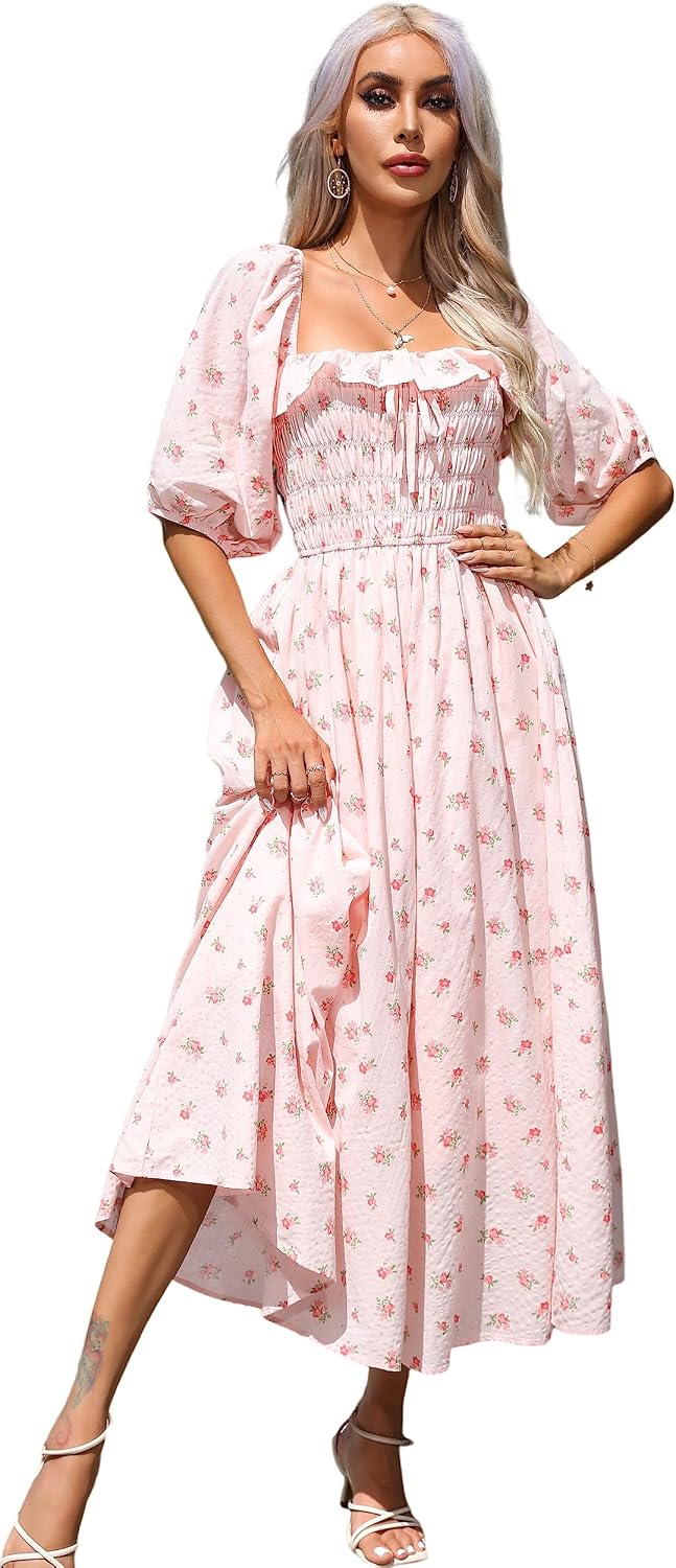 R.Vivimos Women Summer Cotton A Line Flowy Long Dresses | Half Sleeve, Ruffled, Vintage Elegant, Smocked Backless Dress, Maternity Shoot, Baby Shower, Casual Vacation Outfits