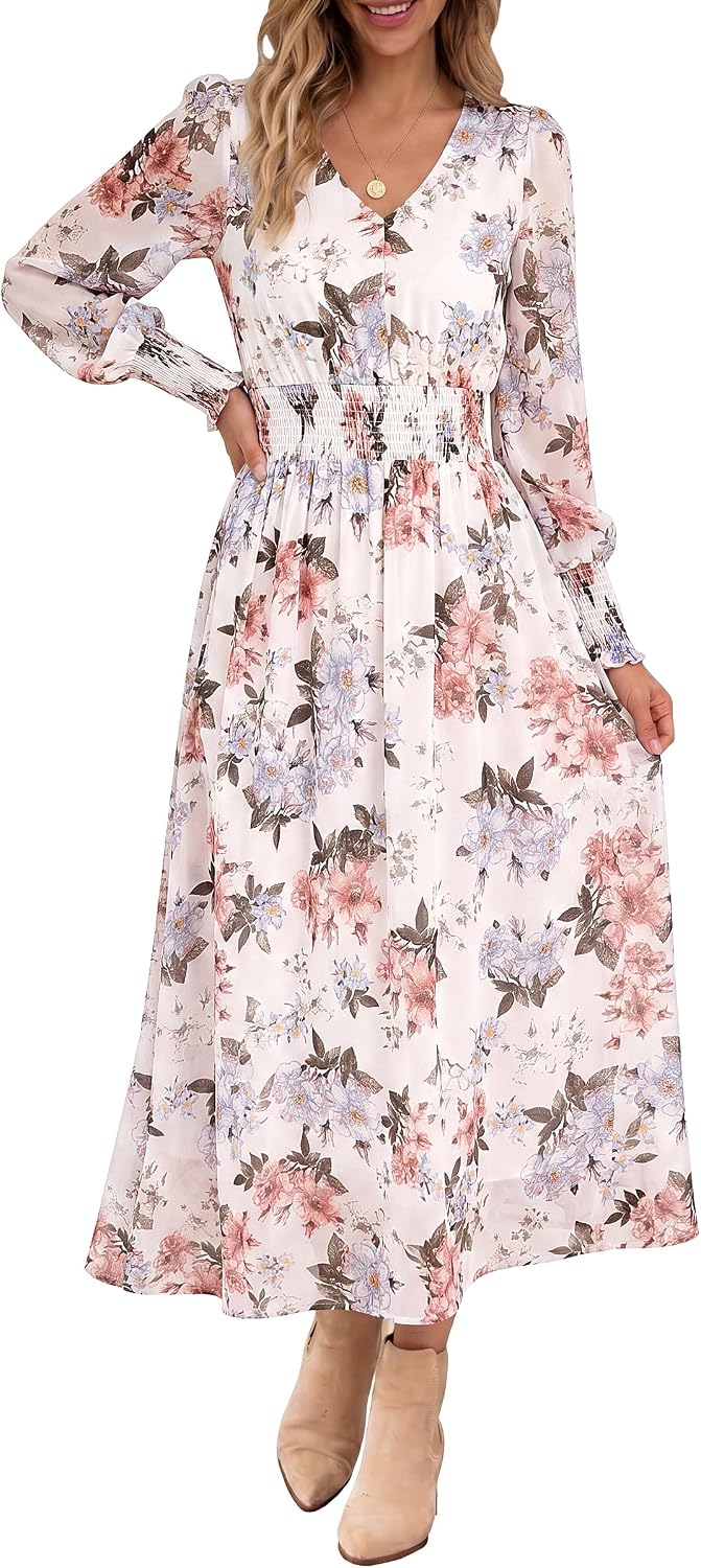 ANRABESS Women's Floral Fall Wedding Guest Maxi Dress | Long Puff Sleeve V Neck Smocked Waist，Chiffon Lined Flowy A-line Boho Dress，Casual Travel Outfits，Garden Tea Party Clothes