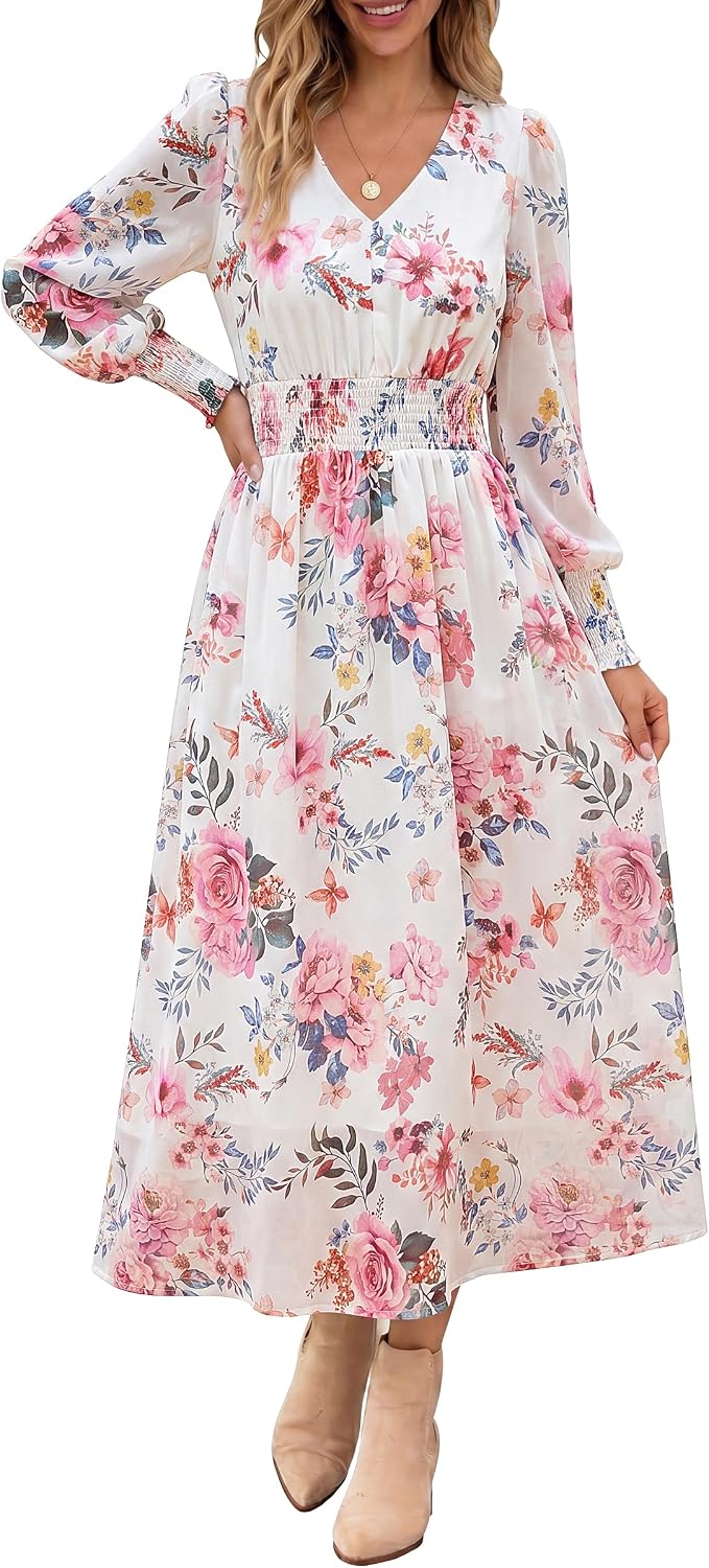 ANRABESS Women's Floral Fall Wedding Guest Maxi Dress | Long Puff Sleeve V Neck Smocked Waist，Chiffon Lined Flowy A-line Boho Dress，Casual Travel Outfits，Garden Tea Party Clothes