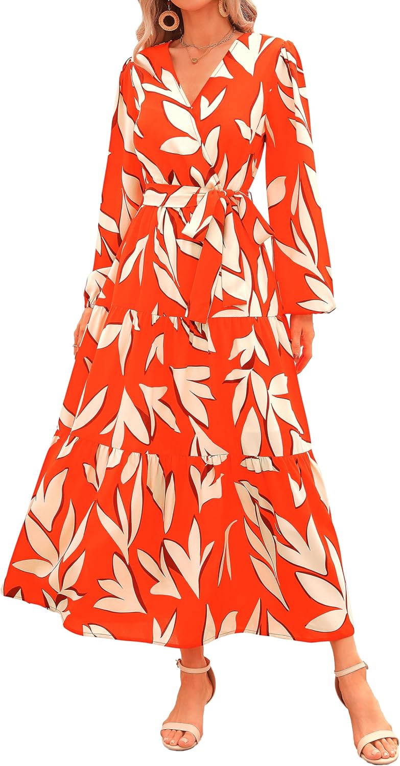PRETTYGARDEN Womens Long Sleeve Boho Floral Wrap Maxi Dress | Fall Wedding Guest Dresses 2026, Chiffon Flowy Long Dresses, Casual Tie Waist V Neck Dress, Modest A Line Ruffle Tiered Dress