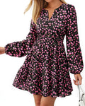 BTFBM Fall Dresses for Women 2026 Trendy Floral Long Sleeve Mini Dress | V Neck Elastic High Waist Knee Length A Line Flowy, Casual Dress Pockets, Holiday Party Vacation Cocktail Wedding Guest Dress