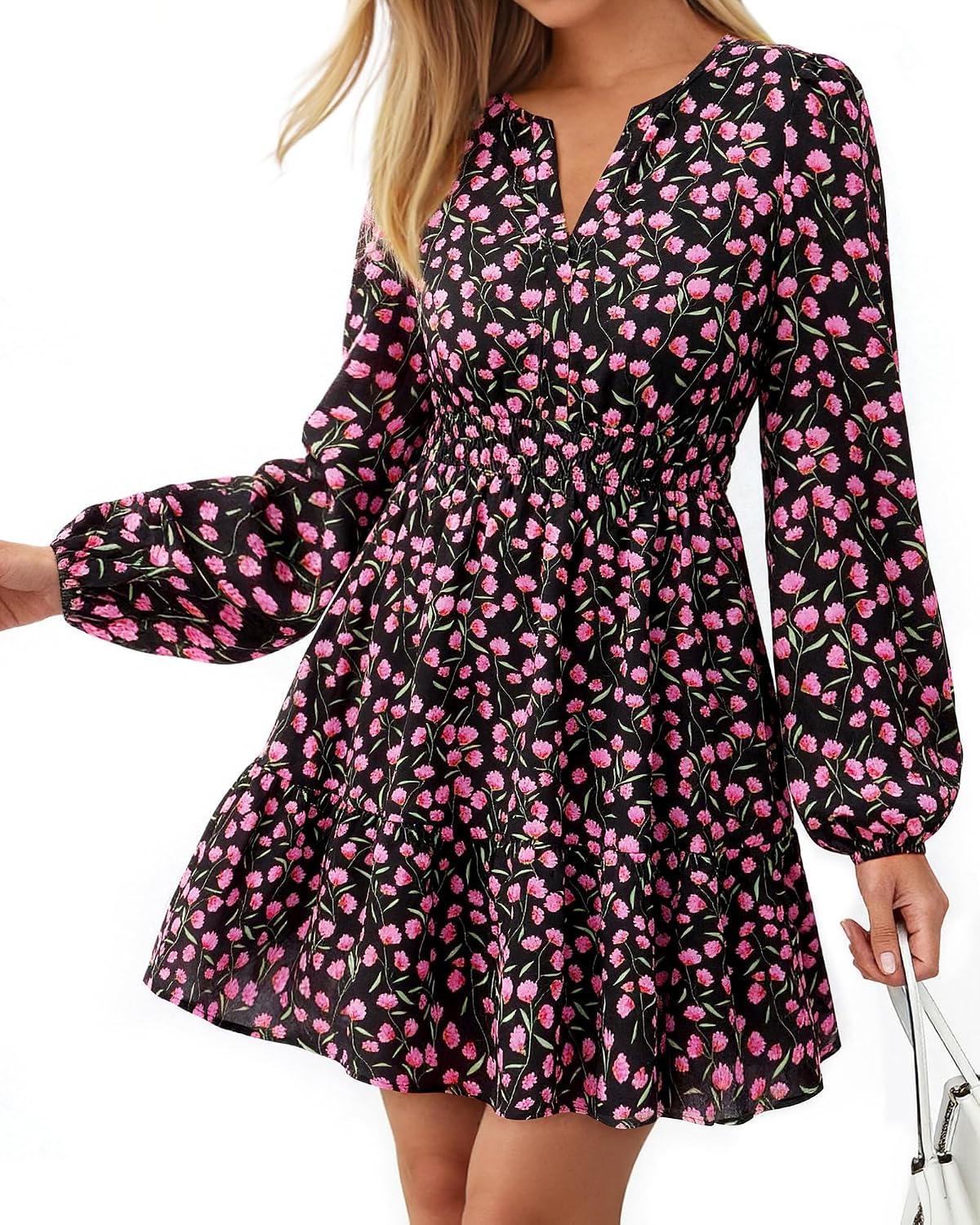 BTFBM Fall Dresses for Women 2026 Trendy Floral Long Sleeve Mini Dress | V Neck Elastic High Waist Knee Length A Line Flowy, Casual Dress Pockets, Holiday Party Vacation Cocktail Wedding Guest Dress