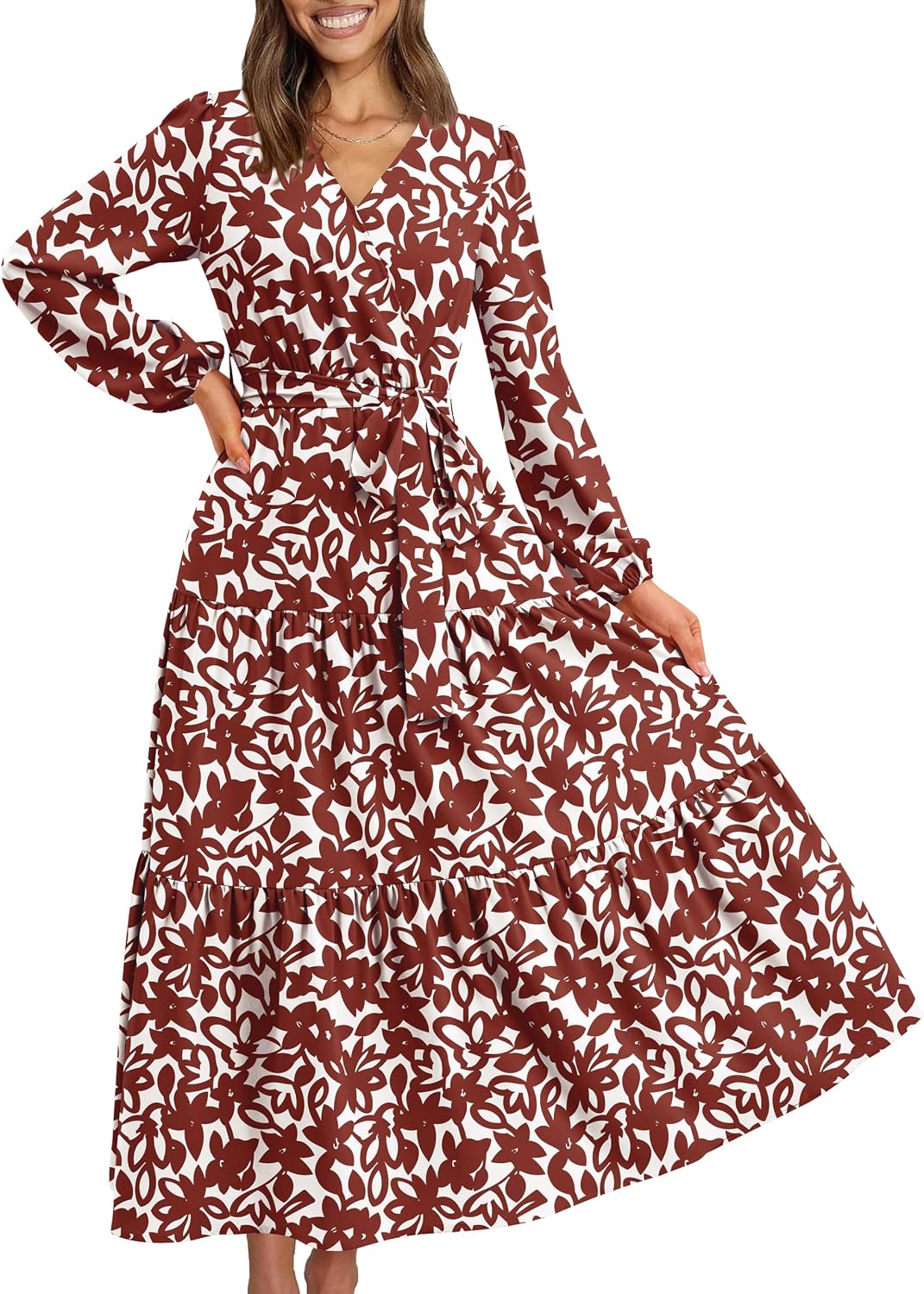 PRETTYGARDEN Womens Long Sleeve Boho Floral Wrap Maxi Dress | Fall Wedding Guest Dresses 2026, Chiffon Flowy Long Dresses, Casual Tie Waist V Neck Dress, Modest A Line Ruffle Tiered Dress