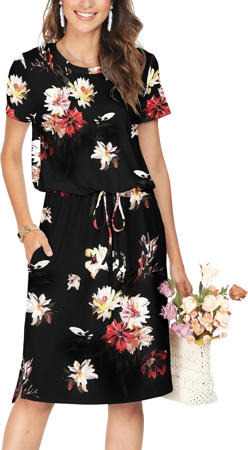 Simier Fariry Womens Summer Hide Belly Knee Length Travel Dress Pocket Short Sleeve Midi Work Casual Outfits