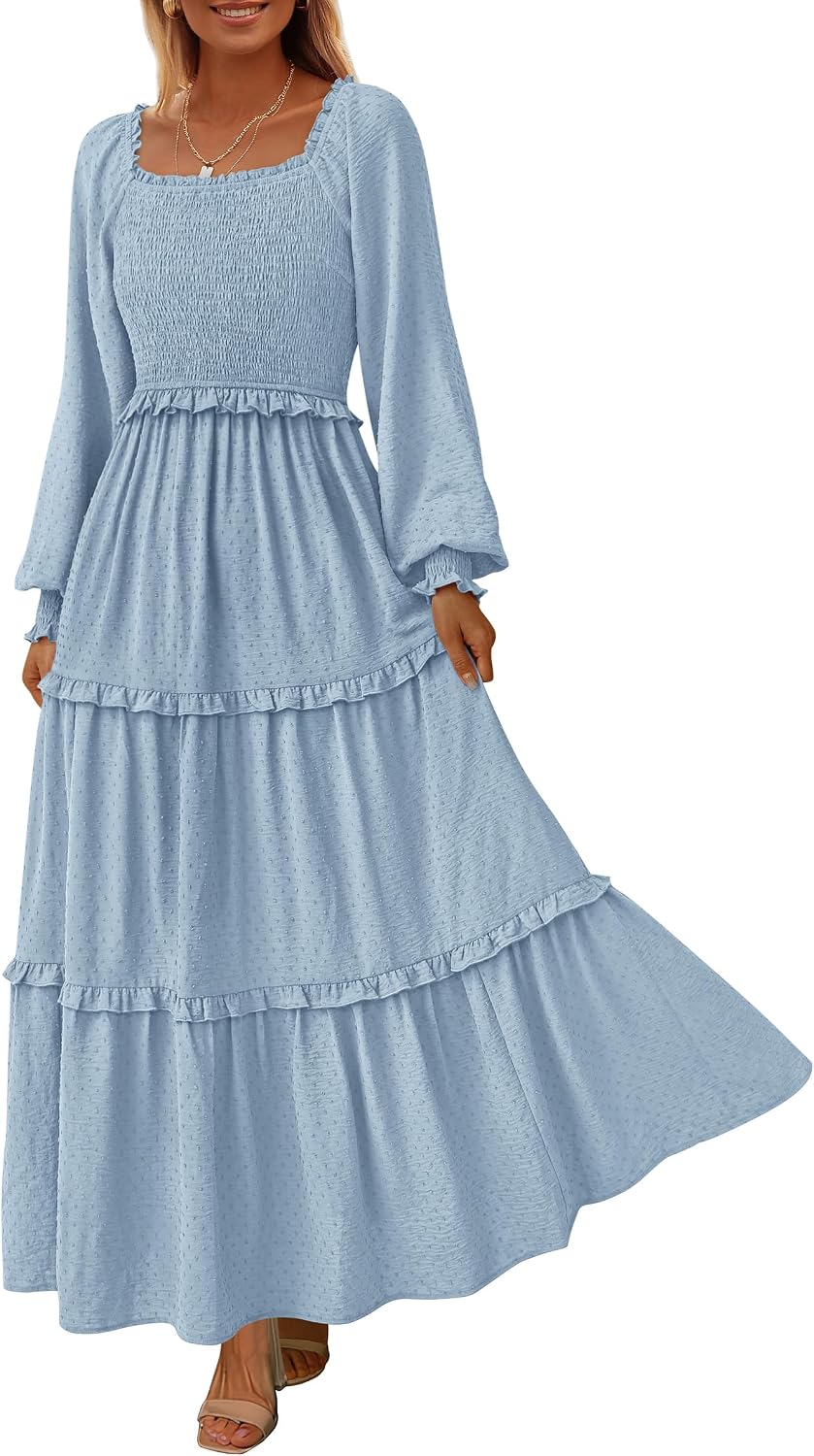 PRETTYGARDEN Women's Smocked Long Sleeve Maxi Dress Wedding Guest Dresses | Elegant Fall Vacation Outfits, Square Neck Swiss Dot, High Waist Tiered Ruffle, Pockets, Flowy Boho Spring Party Clothes