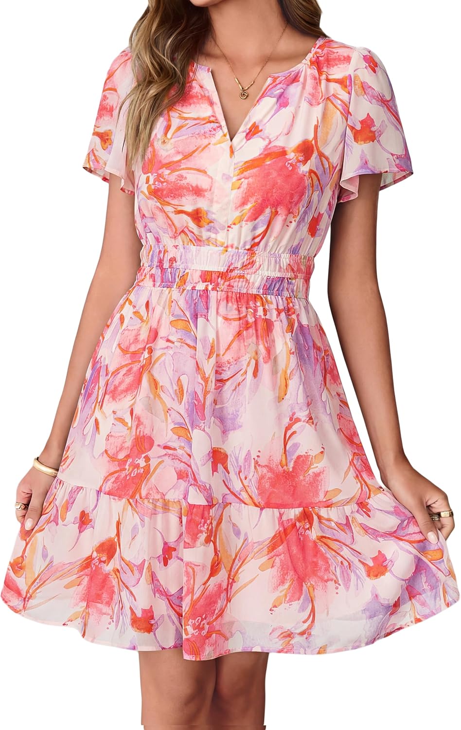 Simplee Women 2026 Floral Summer Short Dress Short Sleeves V Neck Chiffon A-Line Casual Flowy Boho Mini Dresses