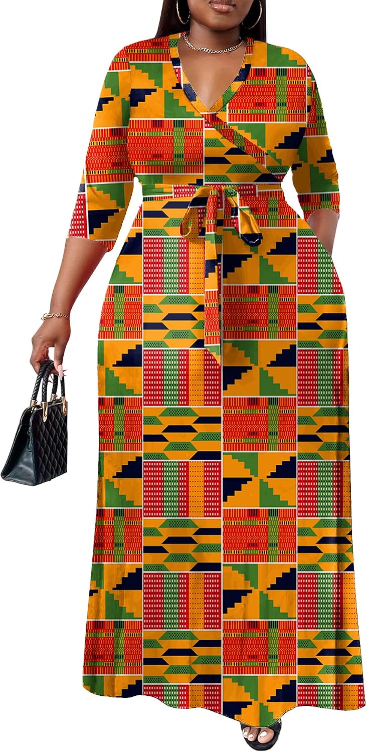 Nmoder Plus Size Maxi Dresses for Curvy Women -Summer Casual Long Fit Dress | Semi Formal, 3\/4 Sleeve V-Neck Flowy Dress, With Pockets And Belt, XL- 6XL