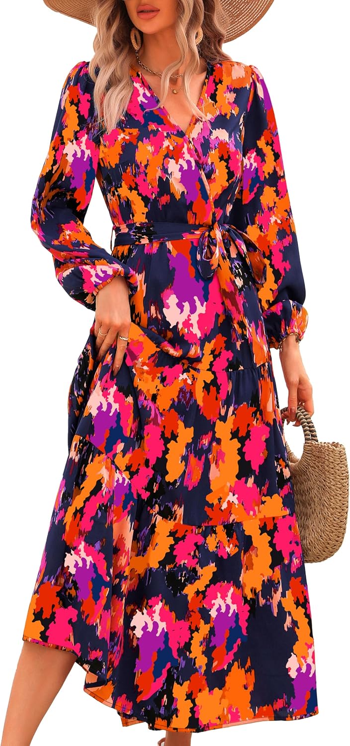 PRETTYGARDEN Womens Long Sleeve Boho Floral Wrap Maxi Dress | Fall Wedding Guest Dresses 2026, Chiffon Flowy Long Dresses, Casual Tie Waist V Neck Dress, Modest A Line Ruffle Tiered Dress