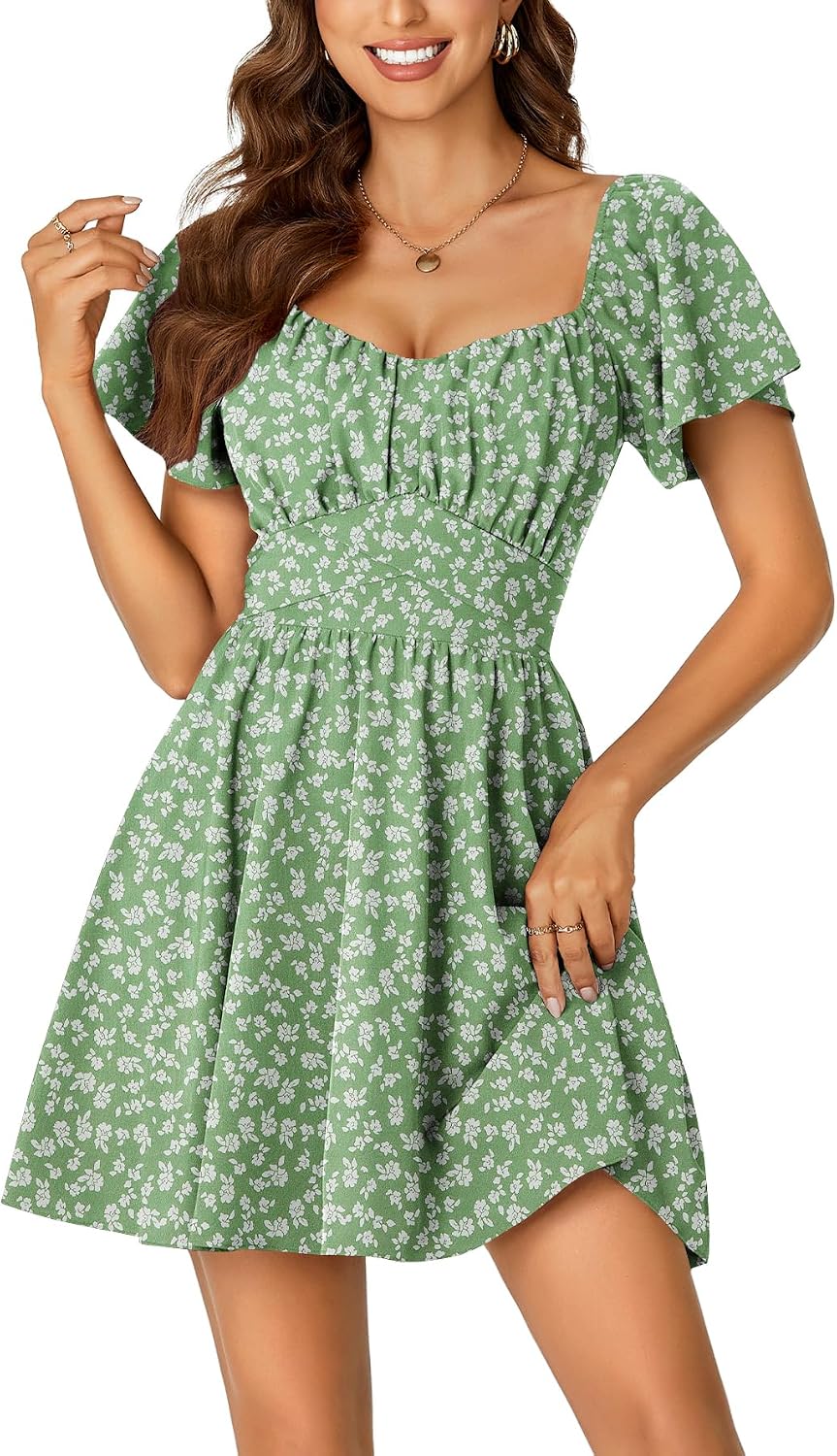 Rooscier Women's Tie Back Short Sleeve Mini Dress | Square Neck Wrap Ruffle Sleeve Flare Dresses