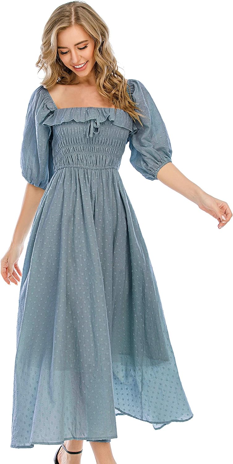 R.Vivimos Women Summer Cotton A Line Flowy Long Dresses | Half Sleeve, Ruffled, Vintage Elegant, Smocked Backless Dress, Maternity Shoot, Baby Shower, Casual Vacation Outfits